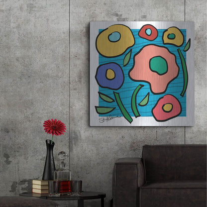 Luxe Metal Art 'Abstract Floral on Blue' by St. Hilaire Elizabeth, Metal Wall Art,36x36