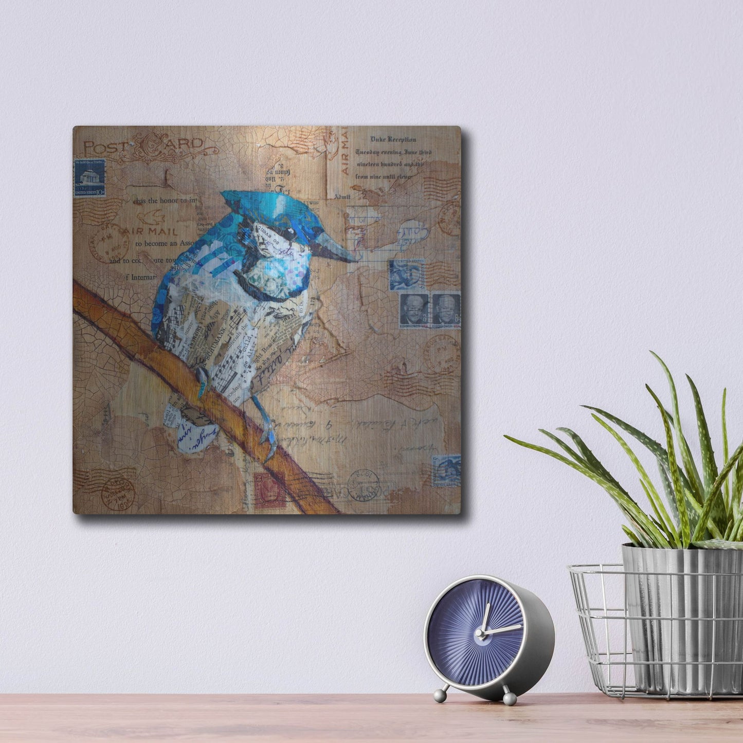 Luxe Metal Art 'Blue Jay US Mail' by St. Hilaire Elizabeth, Metal Wall Art,12x12