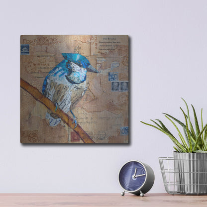 Luxe Metal Art 'Blue Jay US Mail' by St. Hilaire Elizabeth, Metal Wall Art,12x12