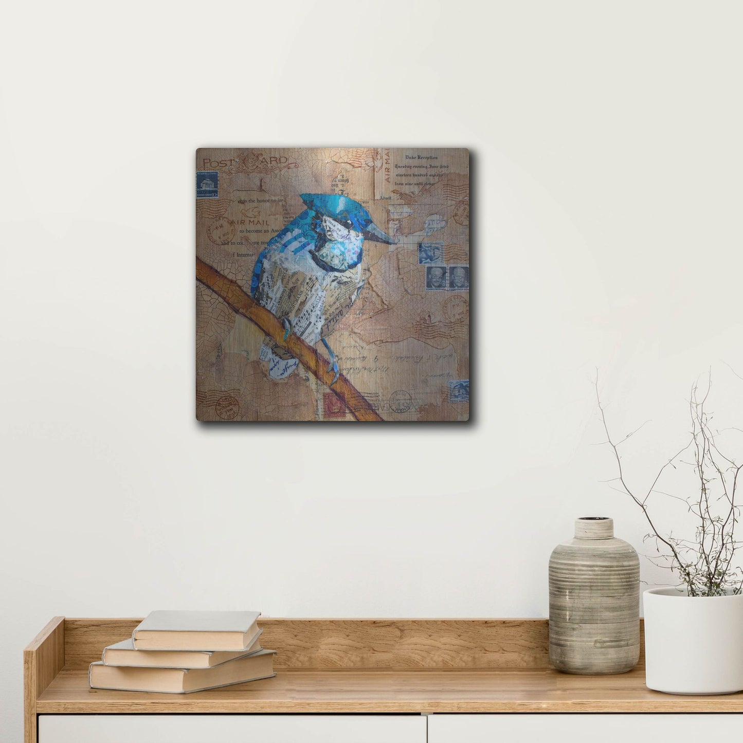 Luxe Metal Art 'Blue Jay US Mail' by St. Hilaire Elizabeth, Metal Wall Art,12x12