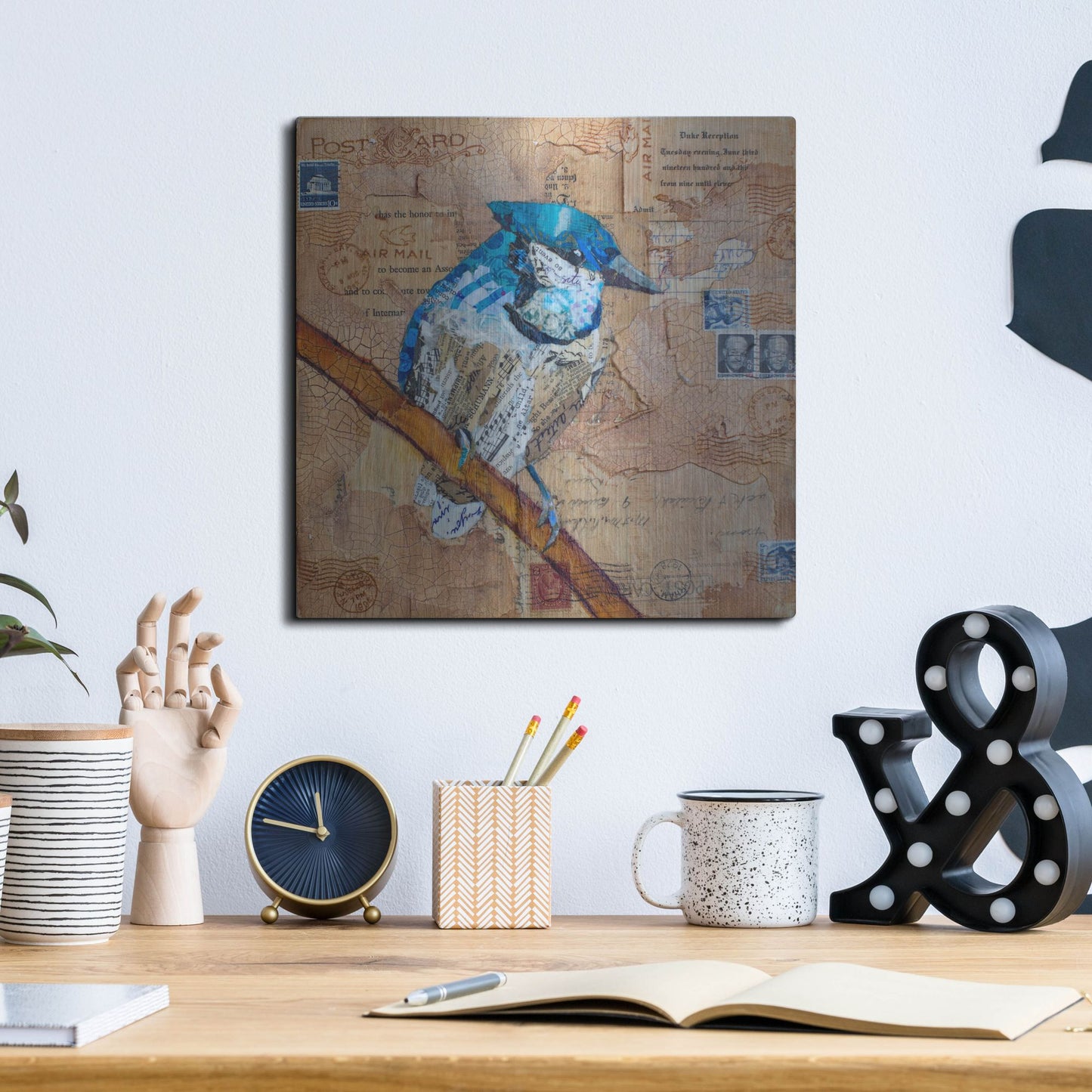 Luxe Metal Art 'Blue Jay US Mail' by St. Hilaire Elizabeth, Metal Wall Art,12x12