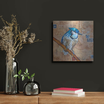 Luxe Metal Art 'Blue Jay US Mail' by St. Hilaire Elizabeth, Metal Wall Art,12x12