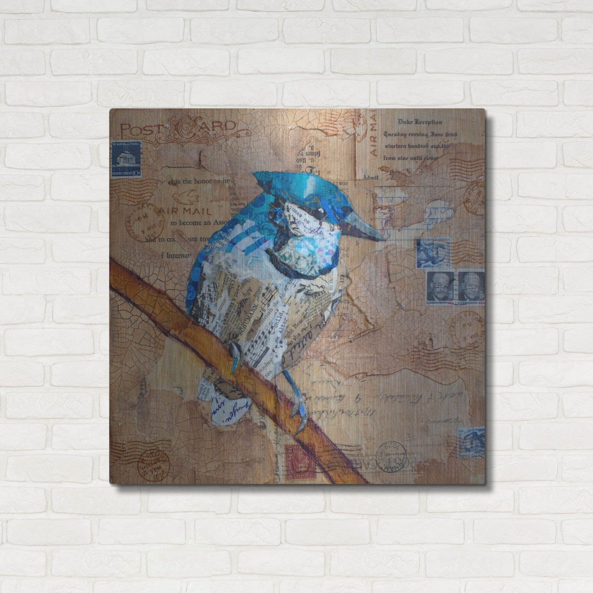 Luxe Metal Art 'Blue Jay US Mail' by St. Hilaire Elizabeth, Metal Wall Art,36x36