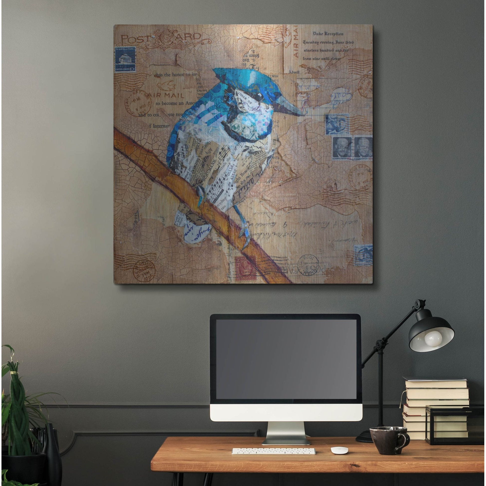 Luxe Metal Art 'Blue Jay US Mail' by St. Hilaire Elizabeth, Metal Wall Art,36x36
