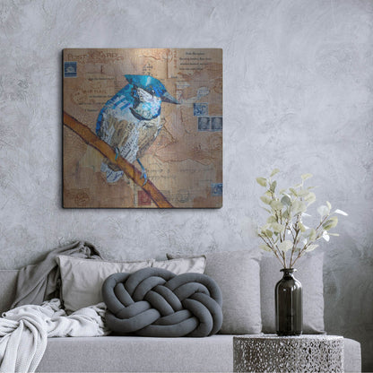 Luxe Metal Art 'Blue Jay US Mail' by St. Hilaire Elizabeth, Metal Wall Art,36x36