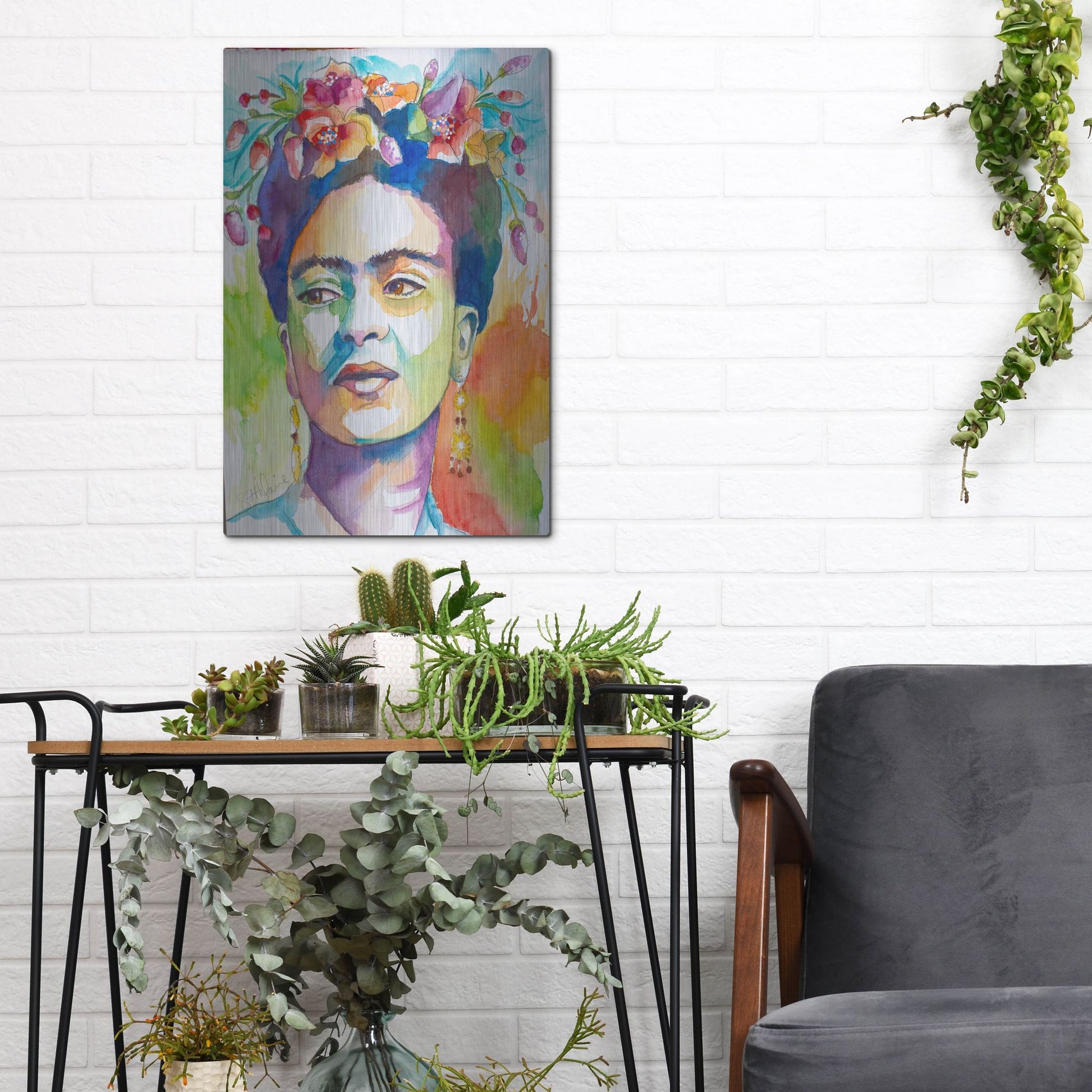 Luxe Metal Art 'Frida with Side Glance' by St. Hilaire Elizabeth, Metal Wall Art,12x16