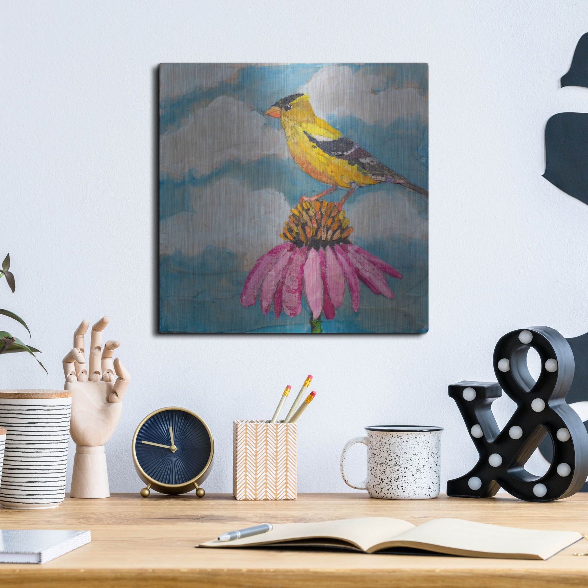 Luxe Metal Art 'Blue Sky Finch' by St. Hilaire Elizabeth, Metal Wall Art,12x12
