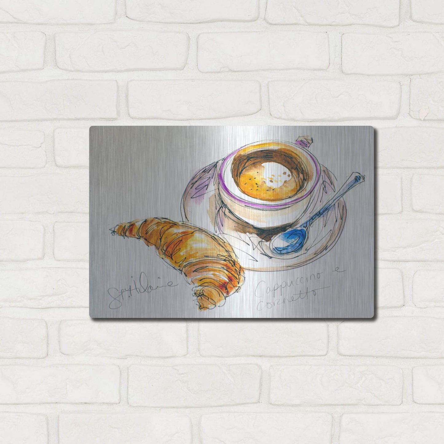 Luxe Metal Art 'Cappuccino e Cornetto' by St. Hilaire Elizabeth, Metal Wall Art,16x12