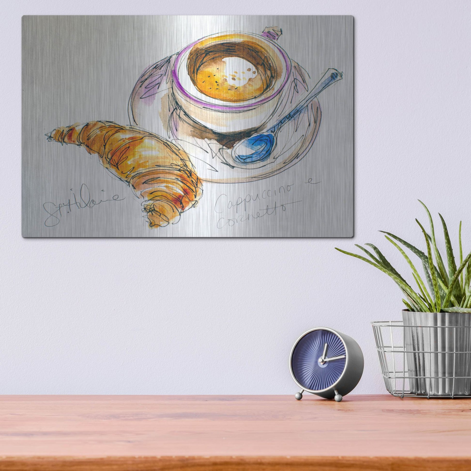 Luxe Metal Art 'Cappuccino e Cornetto' by St. Hilaire Elizabeth, Metal Wall Art,16x12