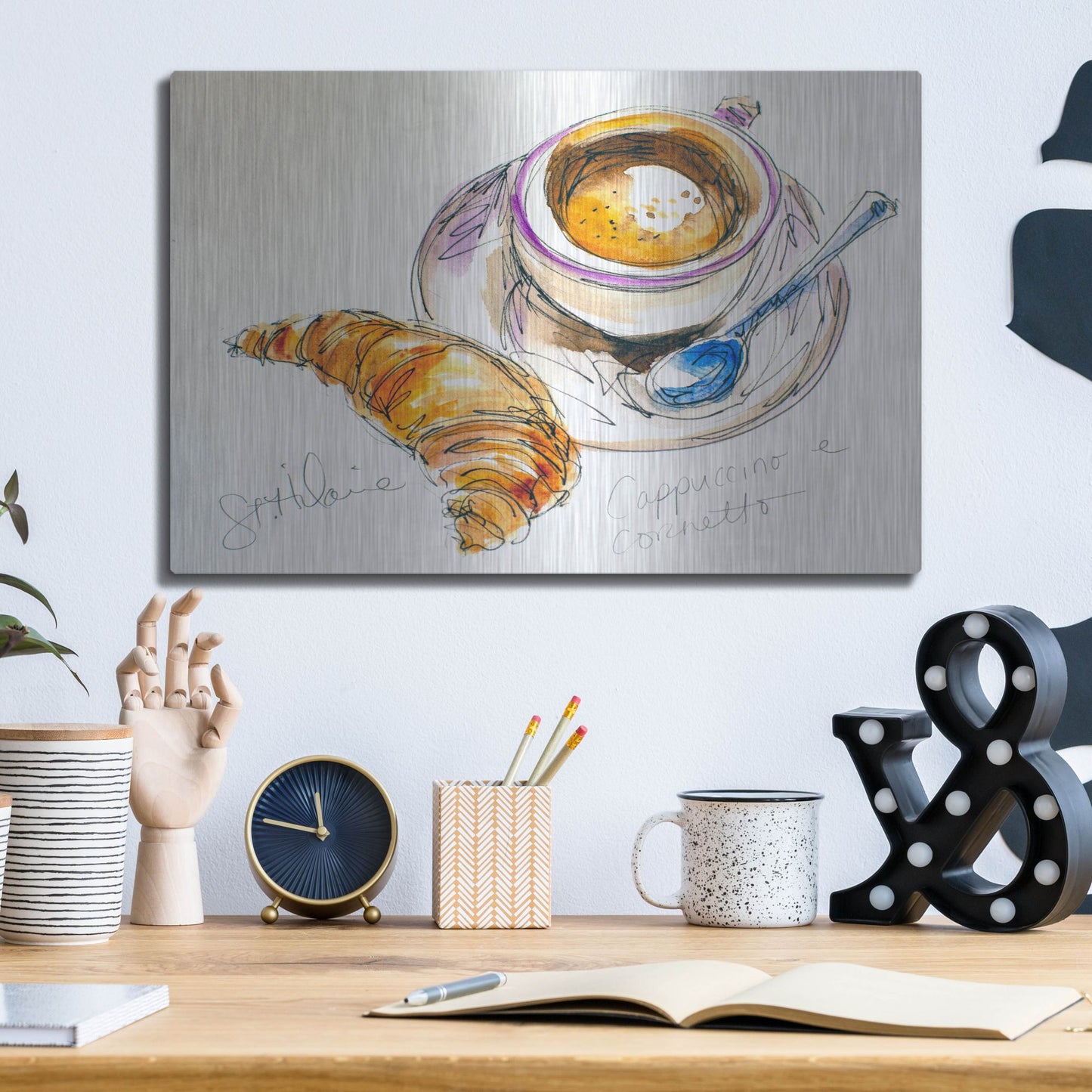 Luxe Metal Art 'Cappuccino e Cornetto' by St. Hilaire Elizabeth, Metal Wall Art,16x12