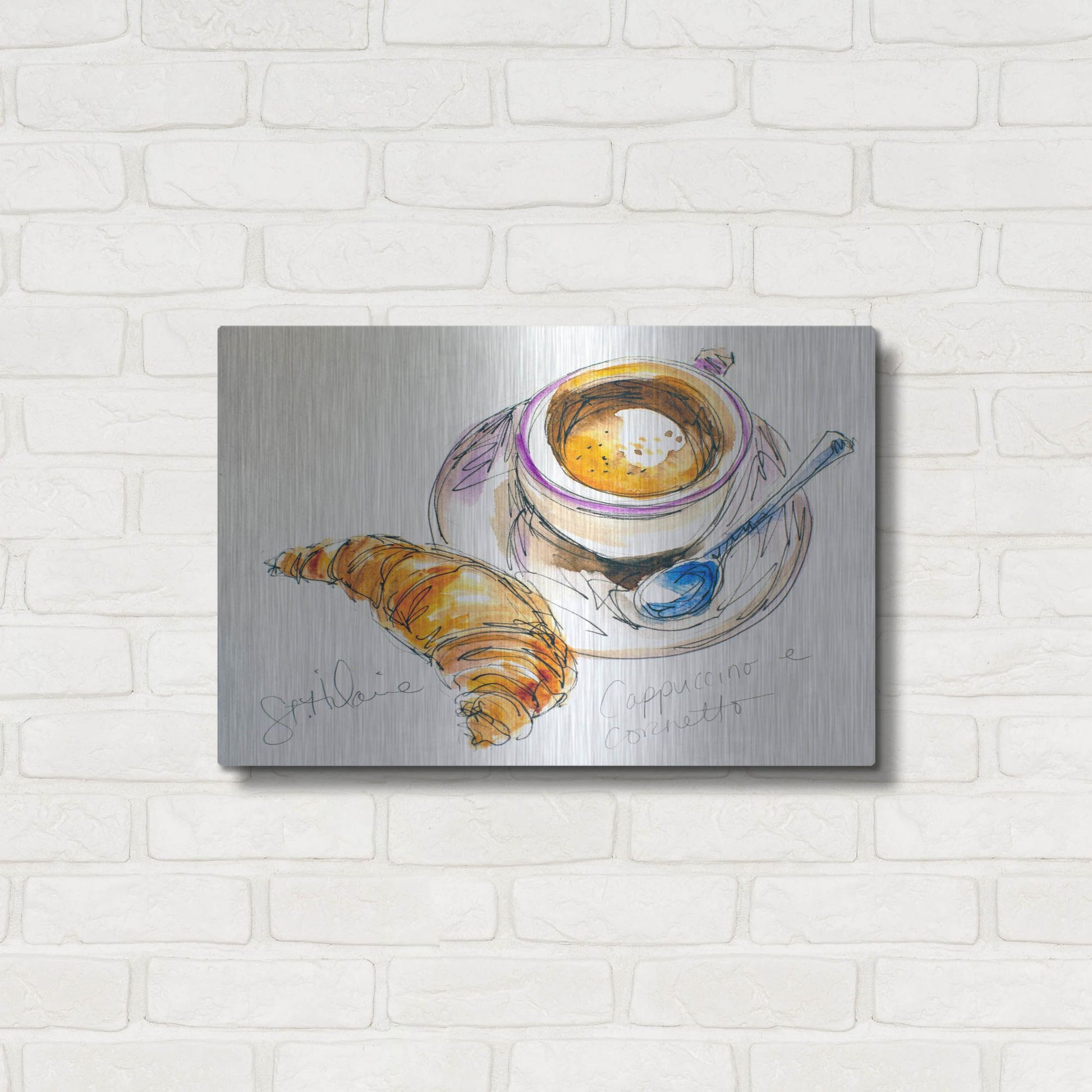 Luxe Metal Art 'Cappuccino e Cornetto' by St. Hilaire Elizabeth, Metal Wall Art,24x16