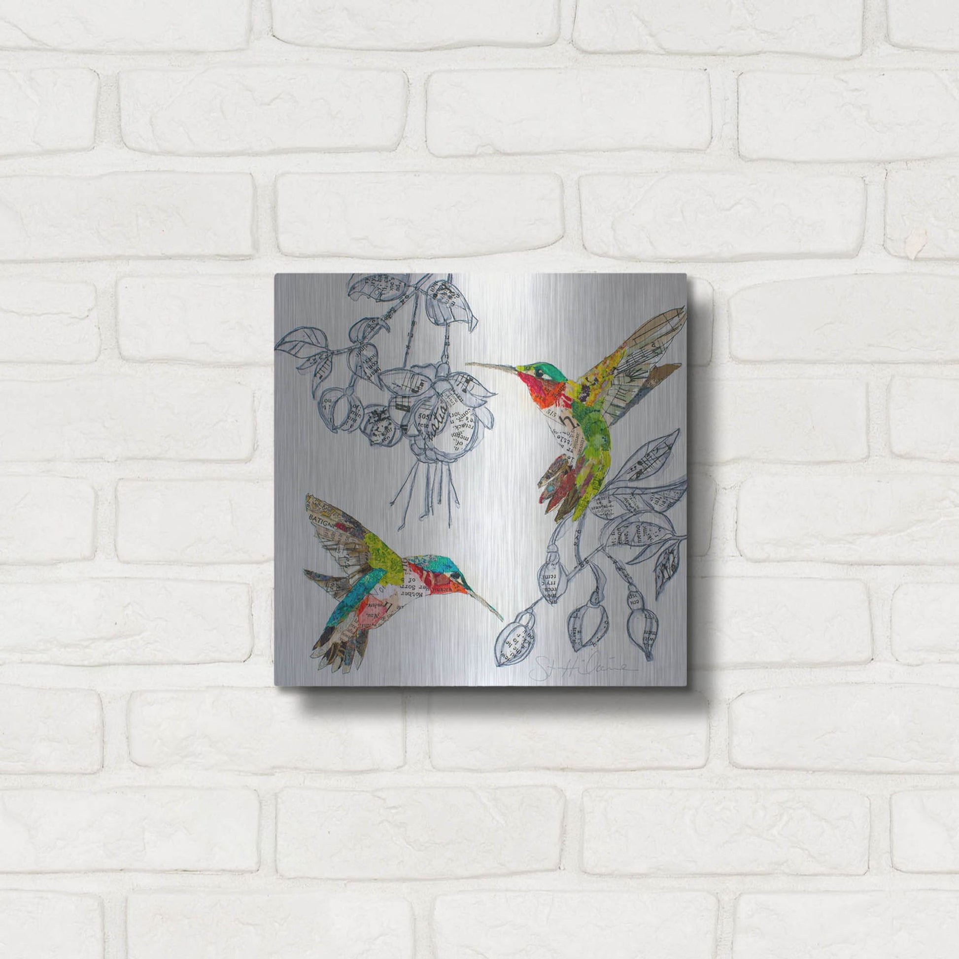 Luxe Metal Art 'Hummers and Blooms 2' by St. Hilaire Elizabeth, Metal Wall Art,12x12