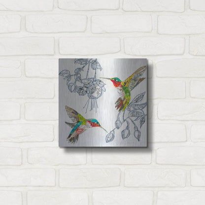 Luxe Metal Art 'Hummers and Blooms 2' by St. Hilaire Elizabeth, Metal Wall Art,12x12