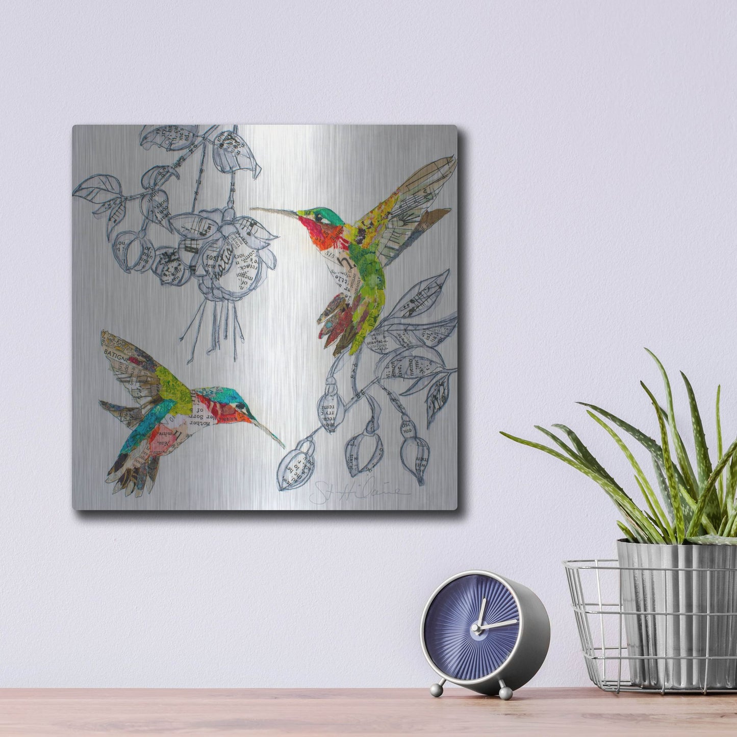 Luxe Metal Art 'Hummers and Blooms 2' by St. Hilaire Elizabeth, Metal Wall Art,12x12