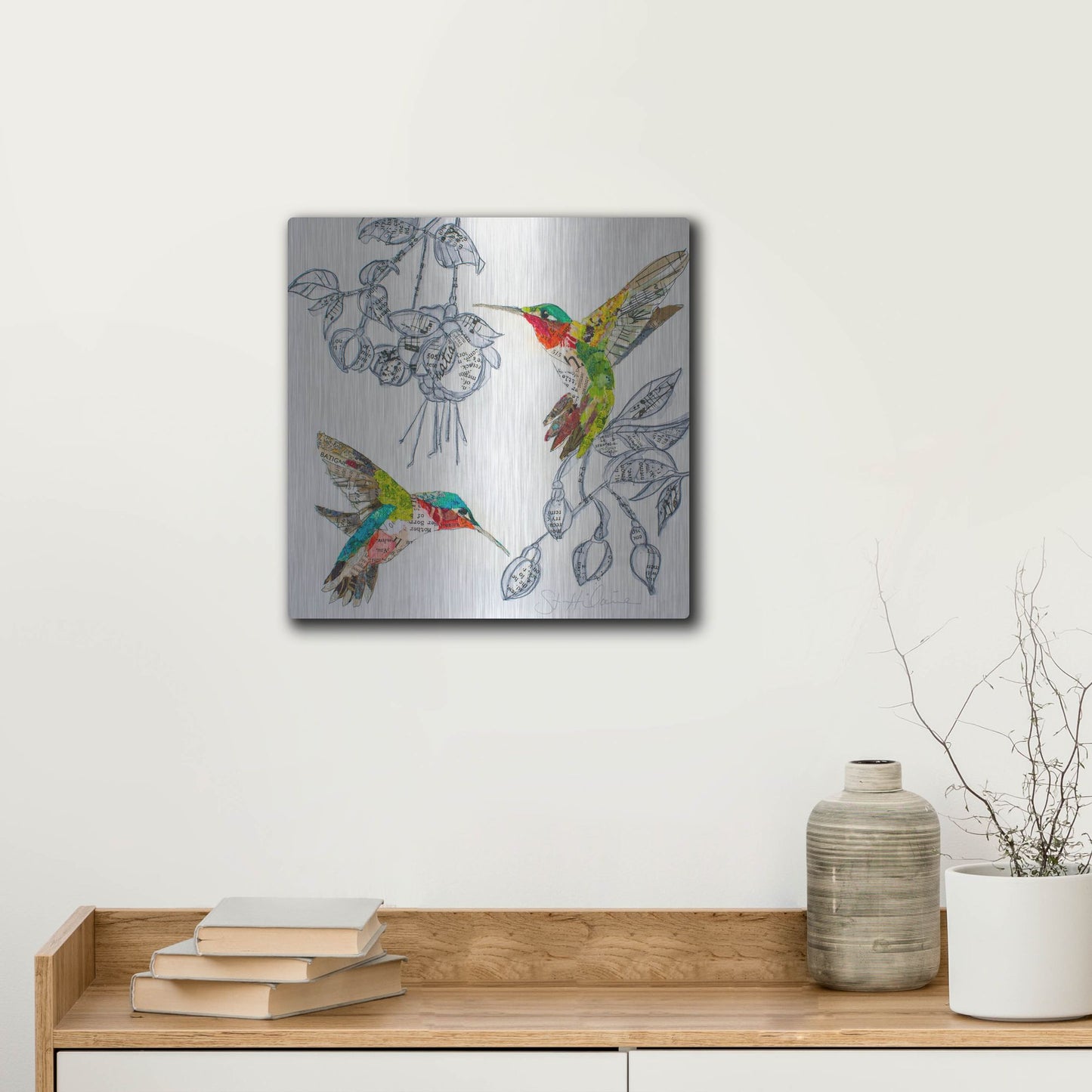 Luxe Metal Art 'Hummers and Blooms 2' by St. Hilaire Elizabeth, Metal Wall Art,12x12