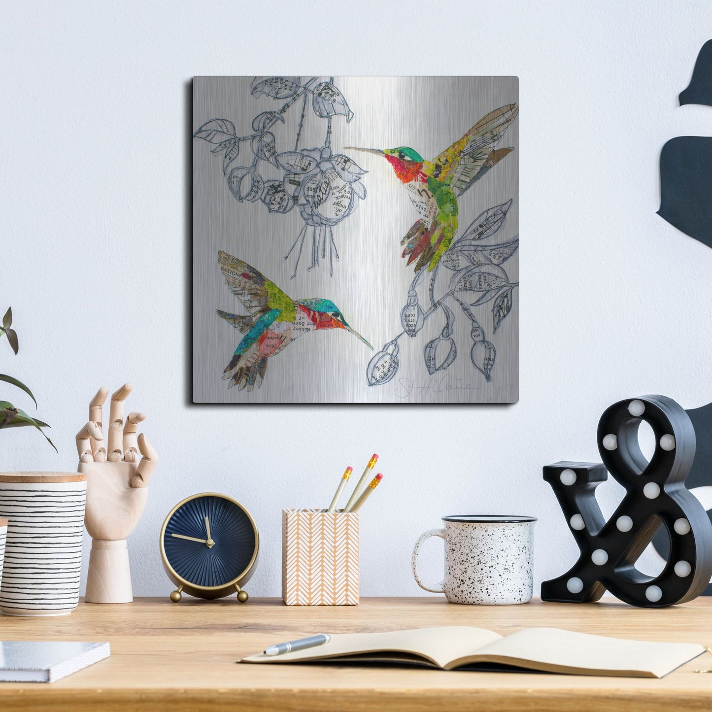 Luxe Metal Art 'Hummers and Blooms 2' by St. Hilaire Elizabeth, Metal Wall Art,12x12