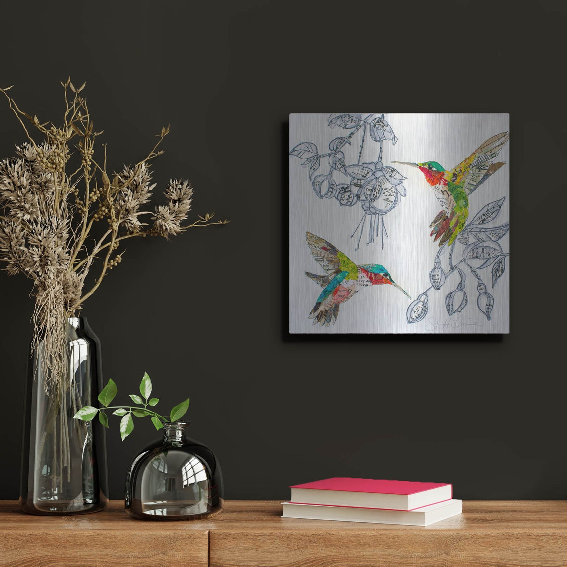 Luxe Metal Art 'Hummers and Blooms 2' by St. Hilaire Elizabeth, Metal Wall Art,12x12