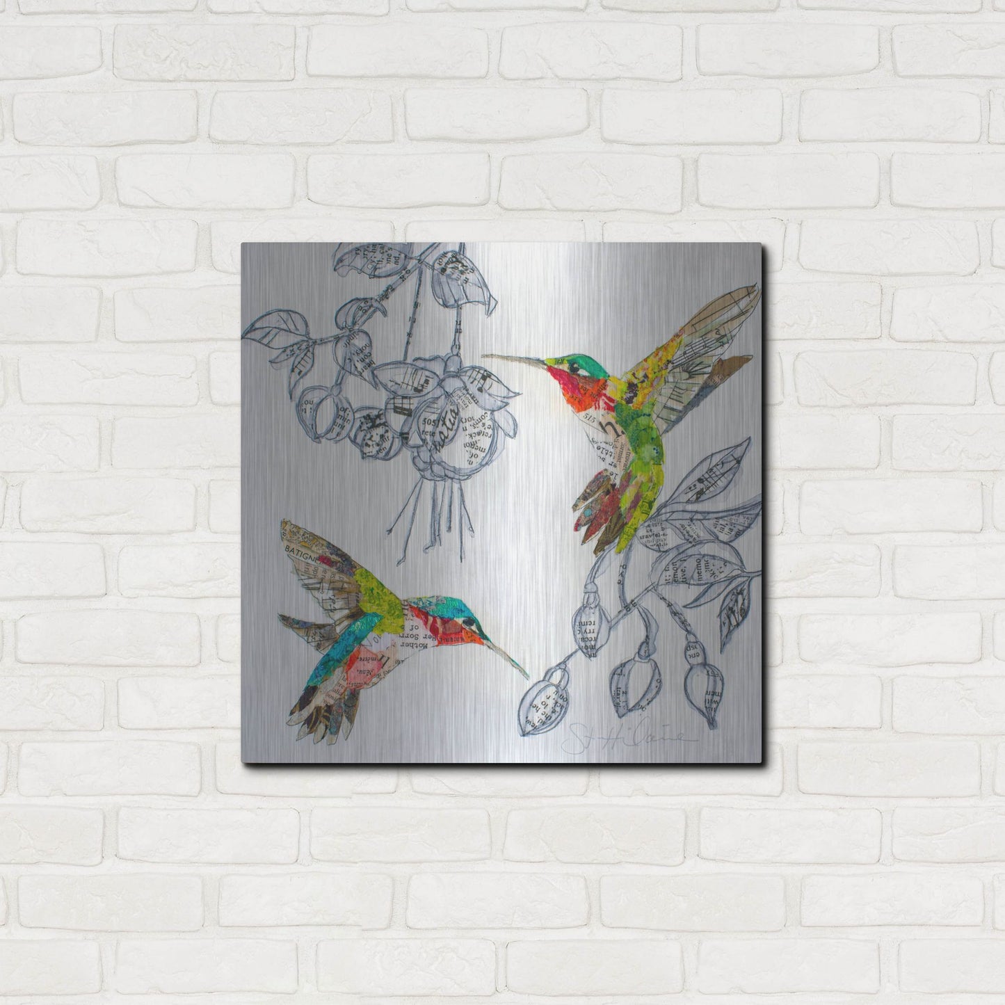 Luxe Metal Art 'Hummers and Blooms 2' by St. Hilaire Elizabeth, Metal Wall Art,24x24