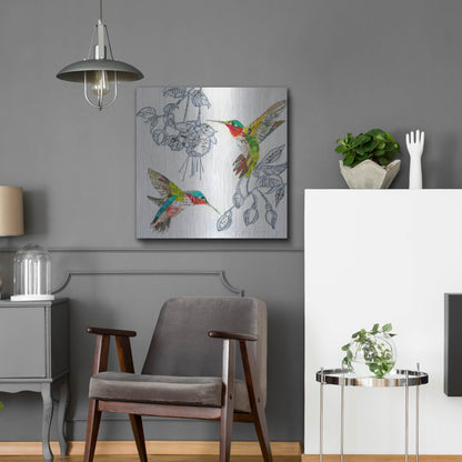 Luxe Metal Art 'Hummers and Blooms 2' by St. Hilaire Elizabeth, Metal Wall Art,24x24