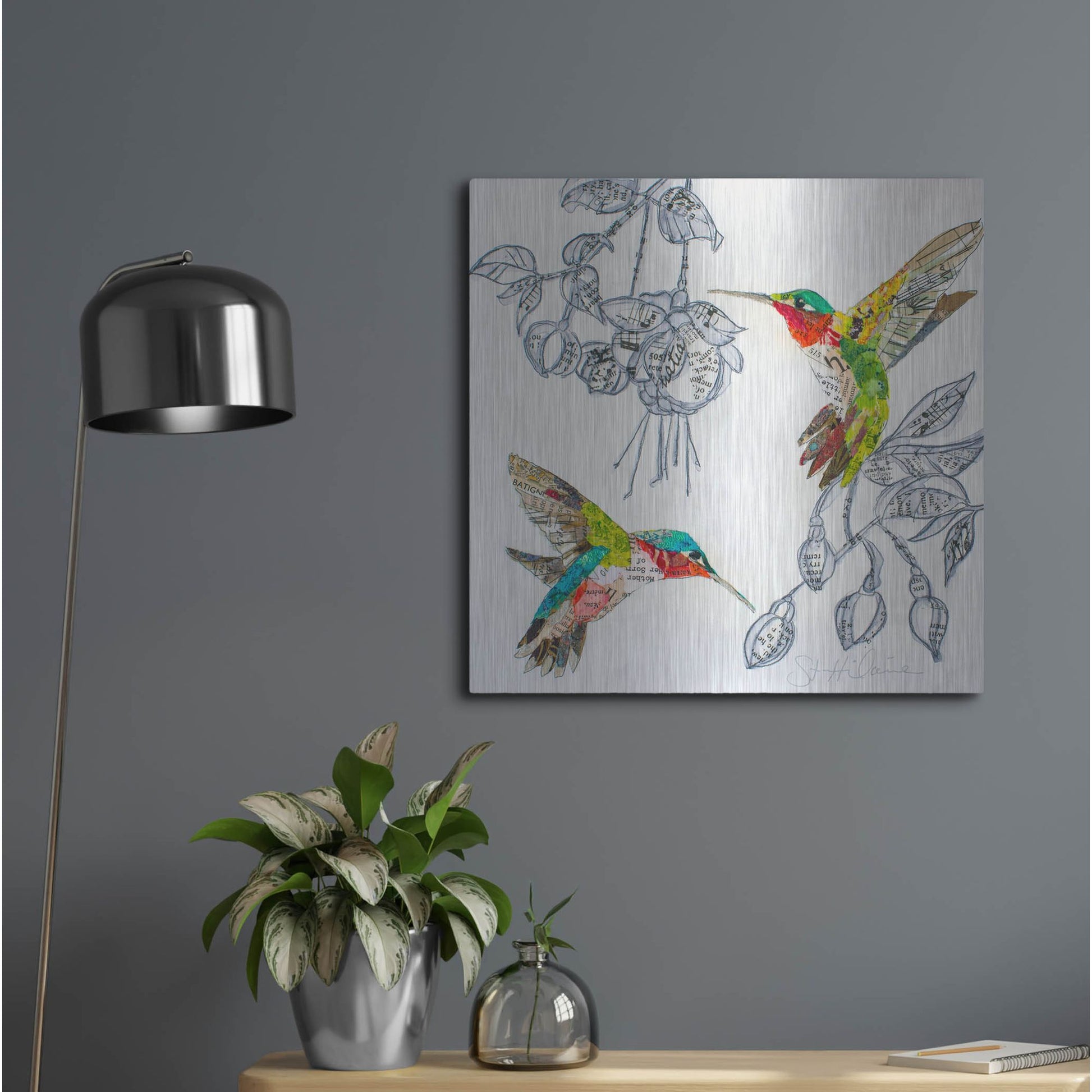 Luxe Metal Art 'Hummers and Blooms 2' by St. Hilaire Elizabeth, Metal Wall Art,24x24