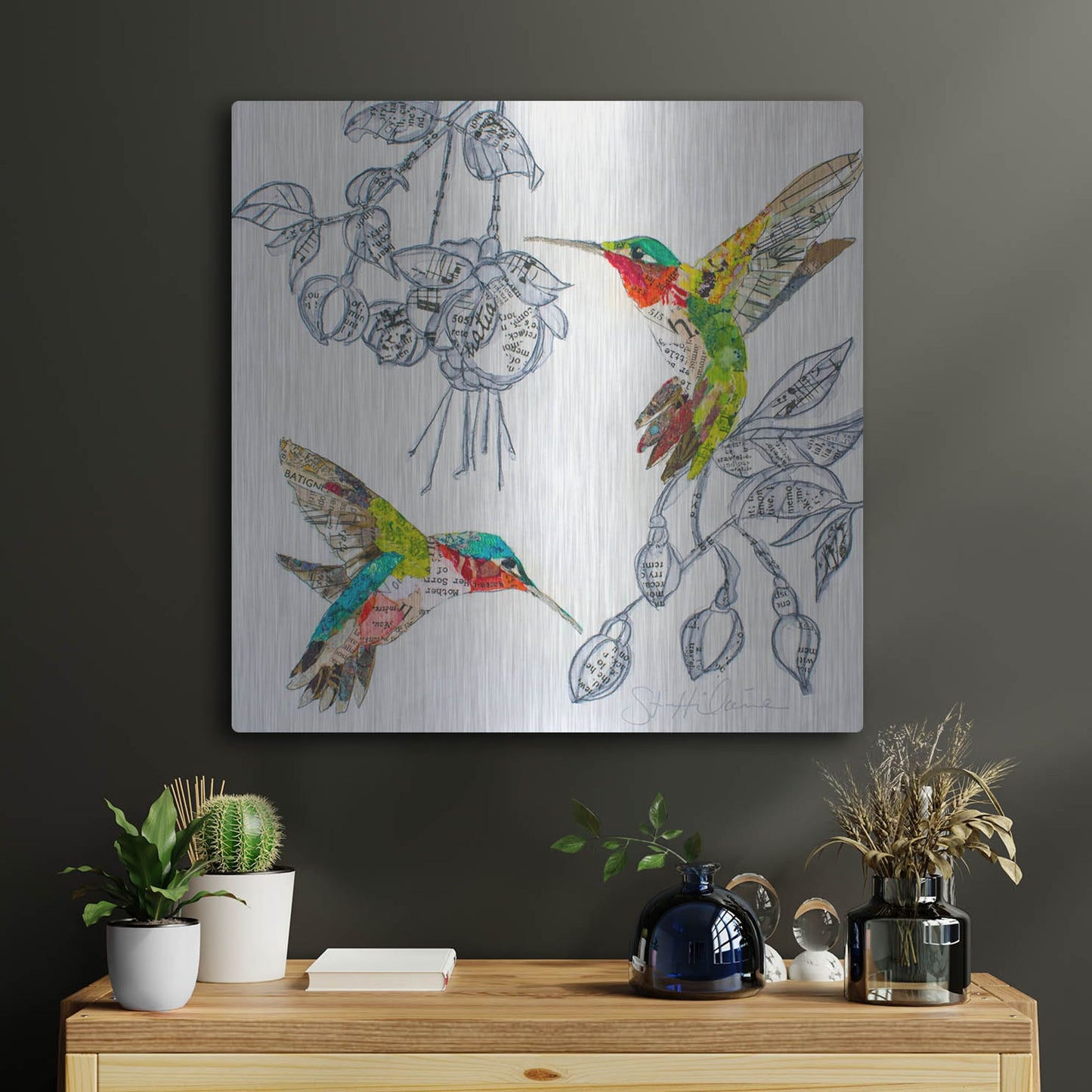 Luxe Metal Art 'Hummers and Blooms 2' by St. Hilaire Elizabeth, Metal Wall Art,24x24
