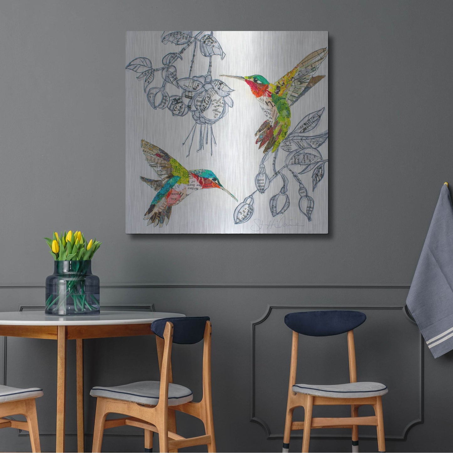 Luxe Metal Art 'Hummers and Blooms 2' by St. Hilaire Elizabeth, Metal Wall Art,36x36