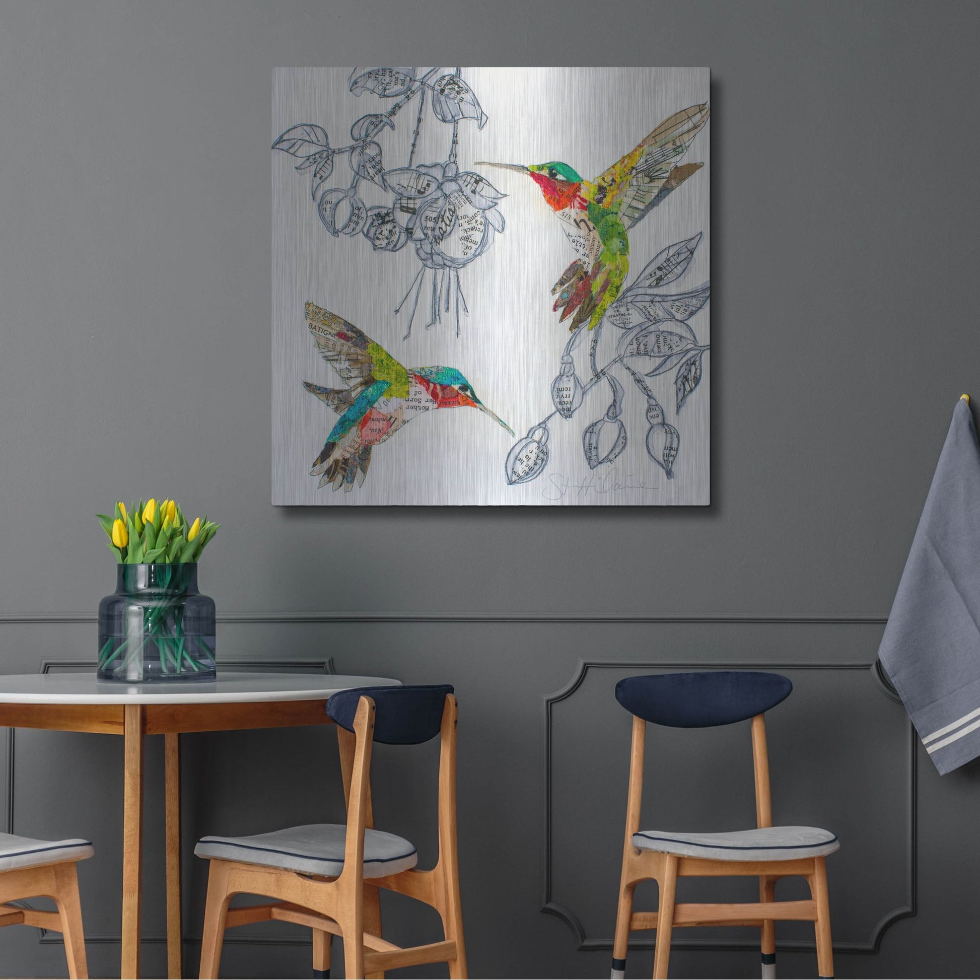 Luxe Metal Art 'Hummers and Blooms 2' by St. Hilaire Elizabeth, Metal Wall Art,36x36
