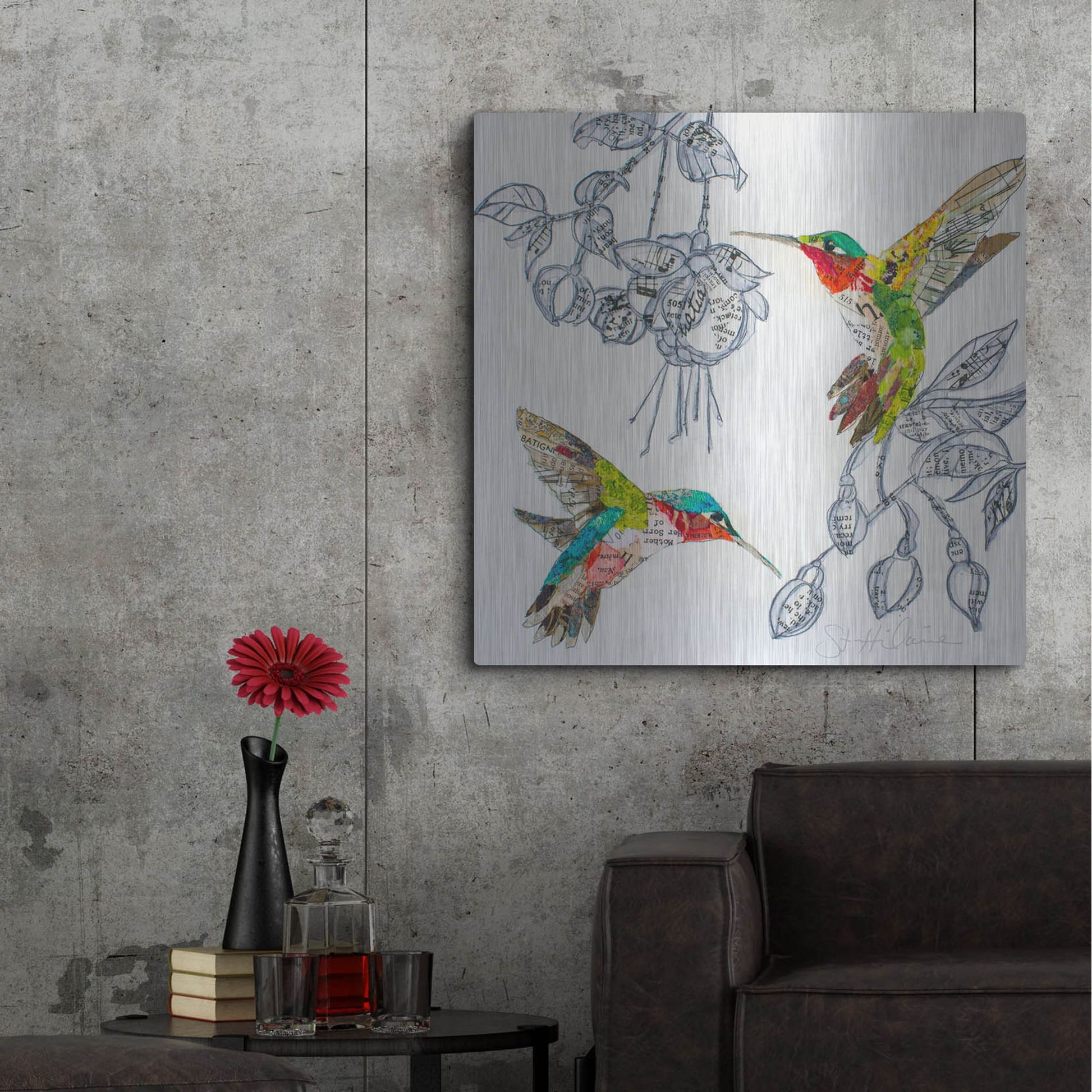 Luxe Metal Art 'Hummers and Blooms 2' by St. Hilaire Elizabeth, Metal Wall Art,36x36