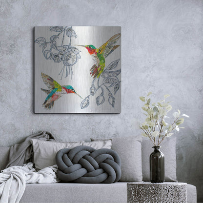 Luxe Metal Art 'Hummers and Blooms 2' by St. Hilaire Elizabeth, Metal Wall Art,36x36