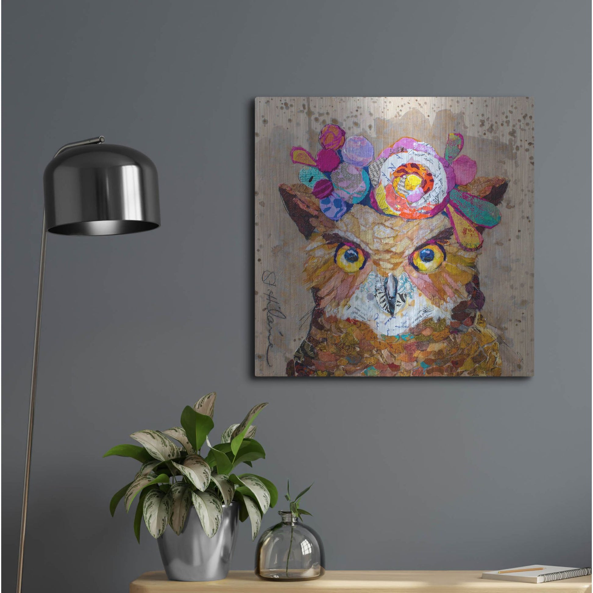 Luxe Metal Art 'Floral Owl' by St. Hilaire Elizabeth, Metal Wall Art,24x24