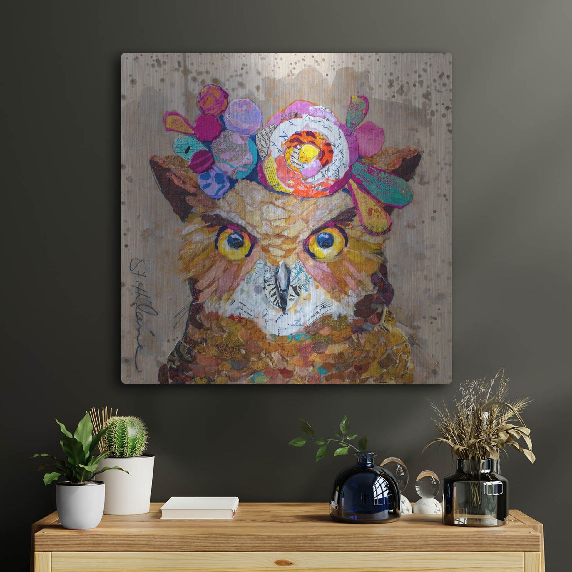 Luxe Metal Art 'Floral Owl' by St. Hilaire Elizabeth, Metal Wall Art,24x24