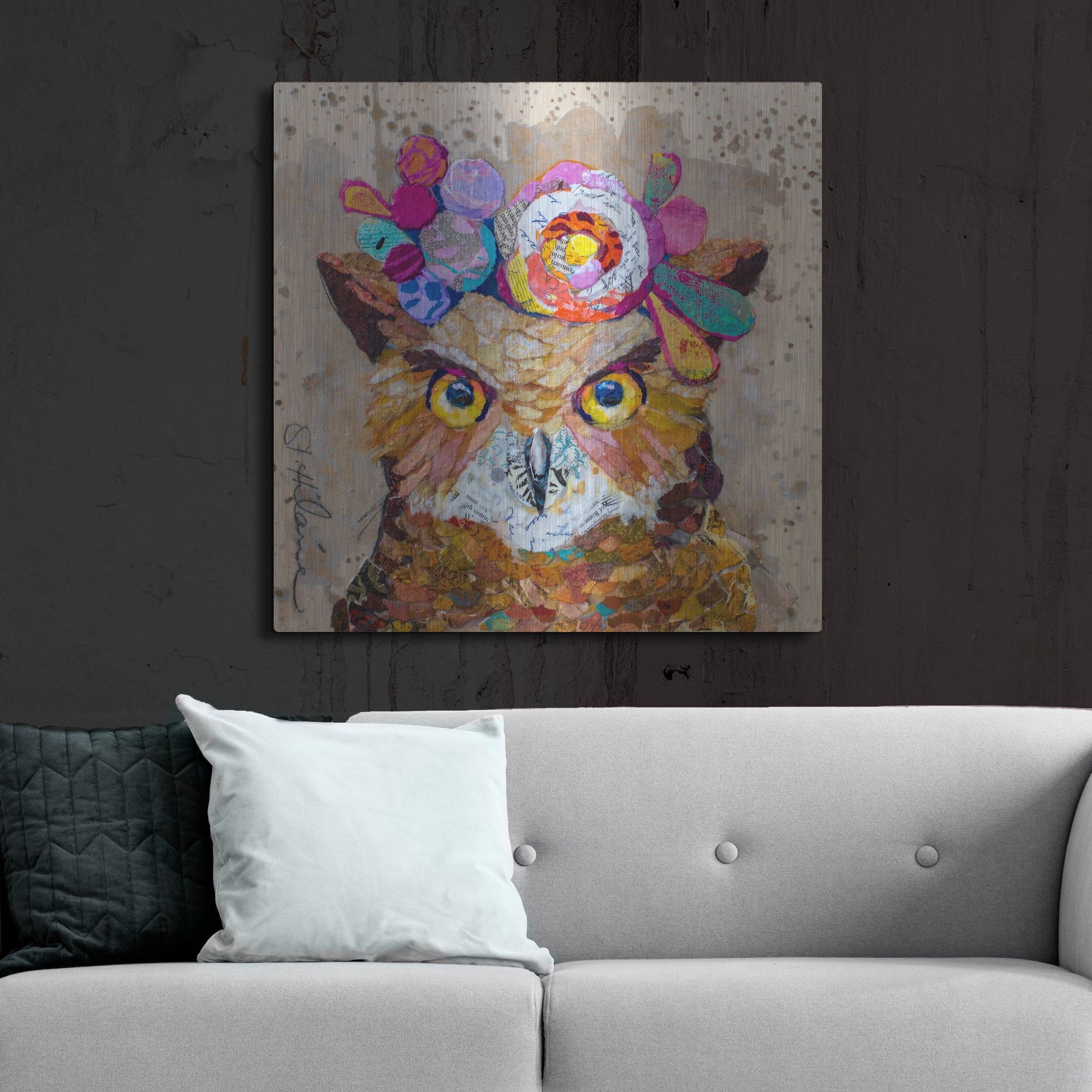 Luxe Metal Art 'Floral Owl' by St. Hilaire Elizabeth, Metal Wall Art,36x36