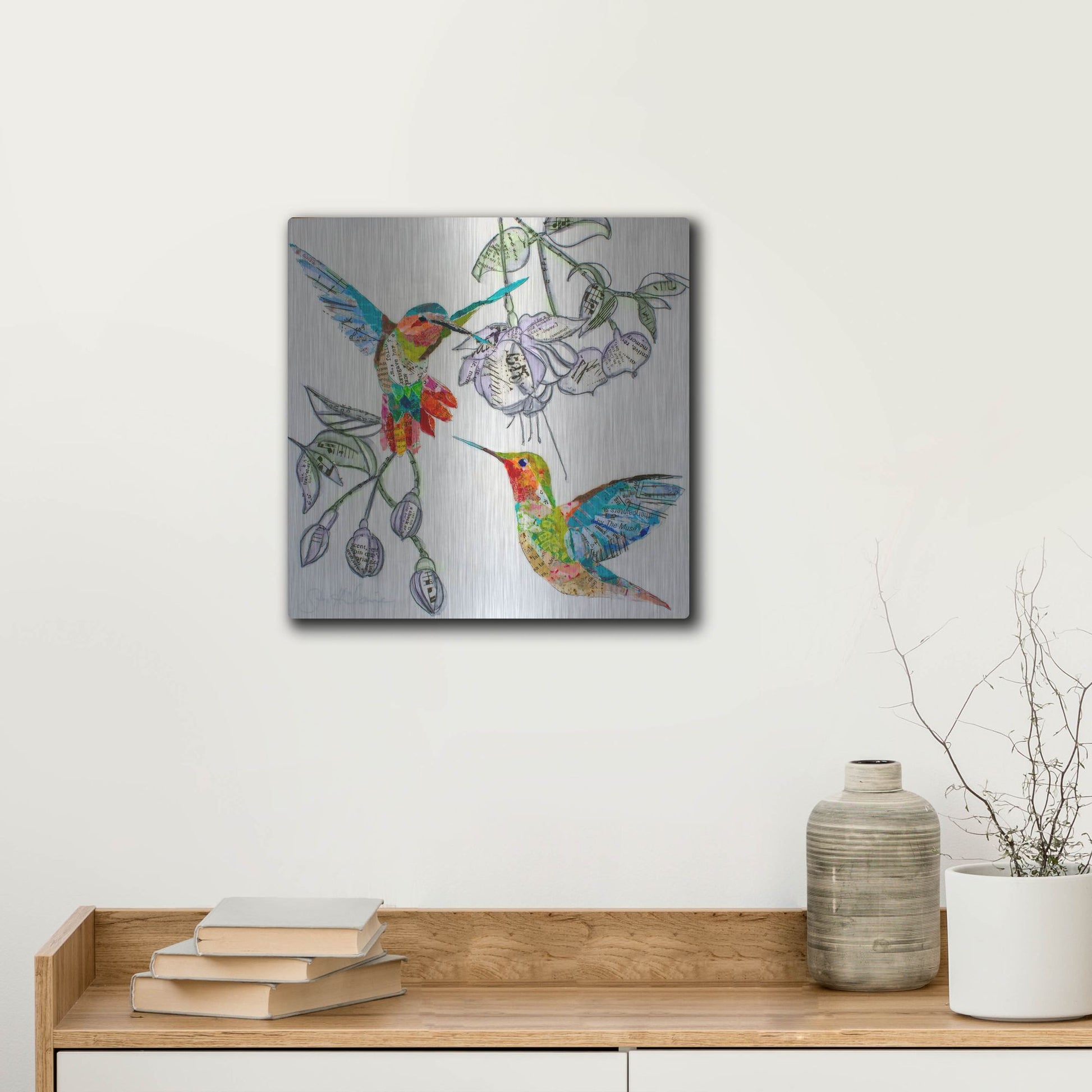 Luxe Metal Art 'Edit Hummers and Blooms 1' by St. Hilaire Elizabeth, Metal Wall Art,12x12