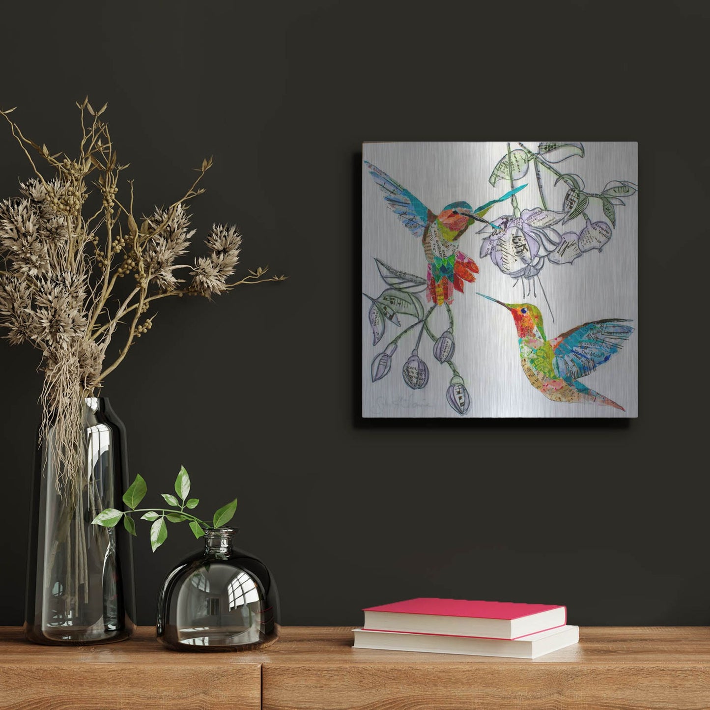 Luxe Metal Art 'Edit Hummers and Blooms 1' by St. Hilaire Elizabeth, Metal Wall Art,12x12