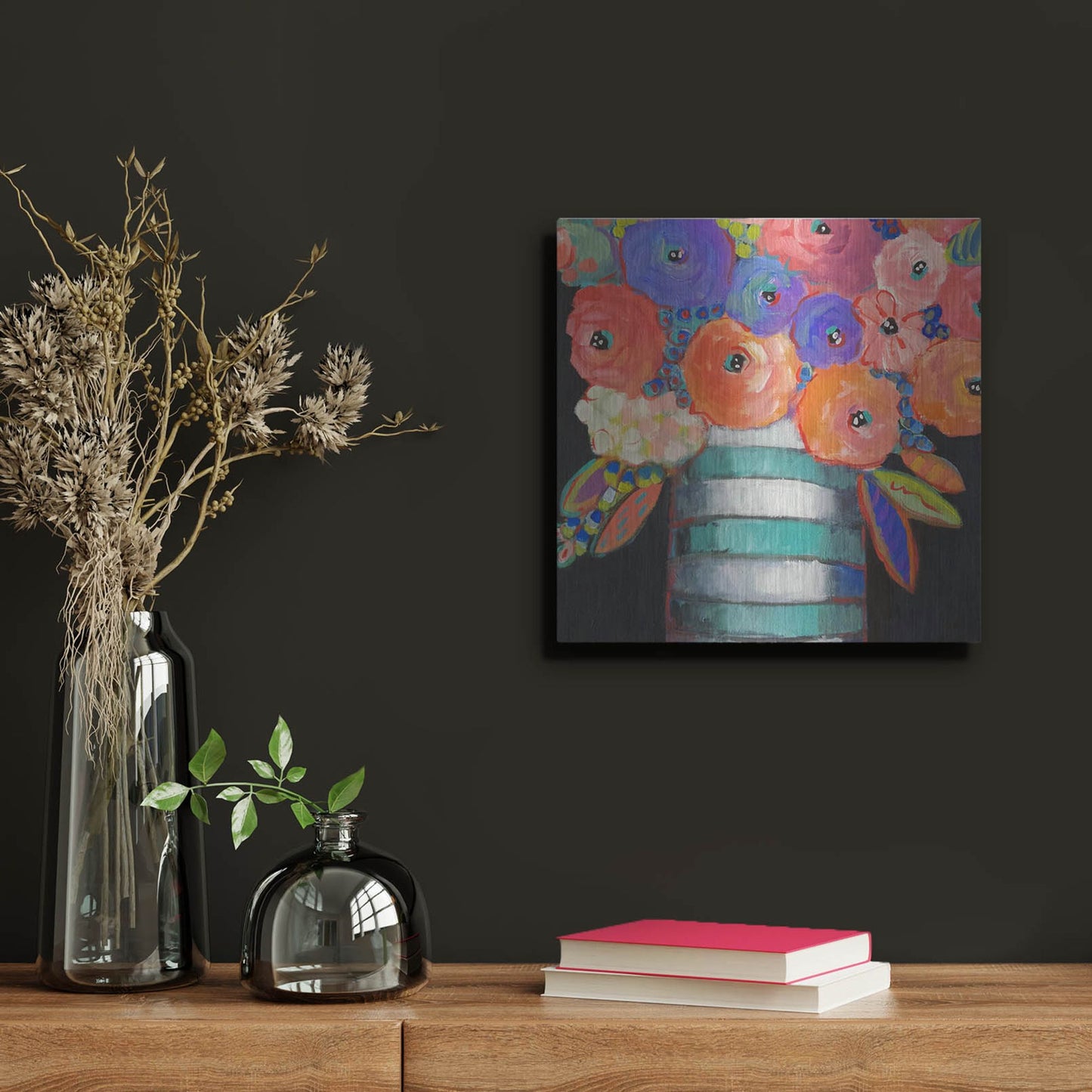 Luxe Metal Art 'Orange, Purple, and Stripes' by Holly Wojhan, Metal Wall Art,12x12