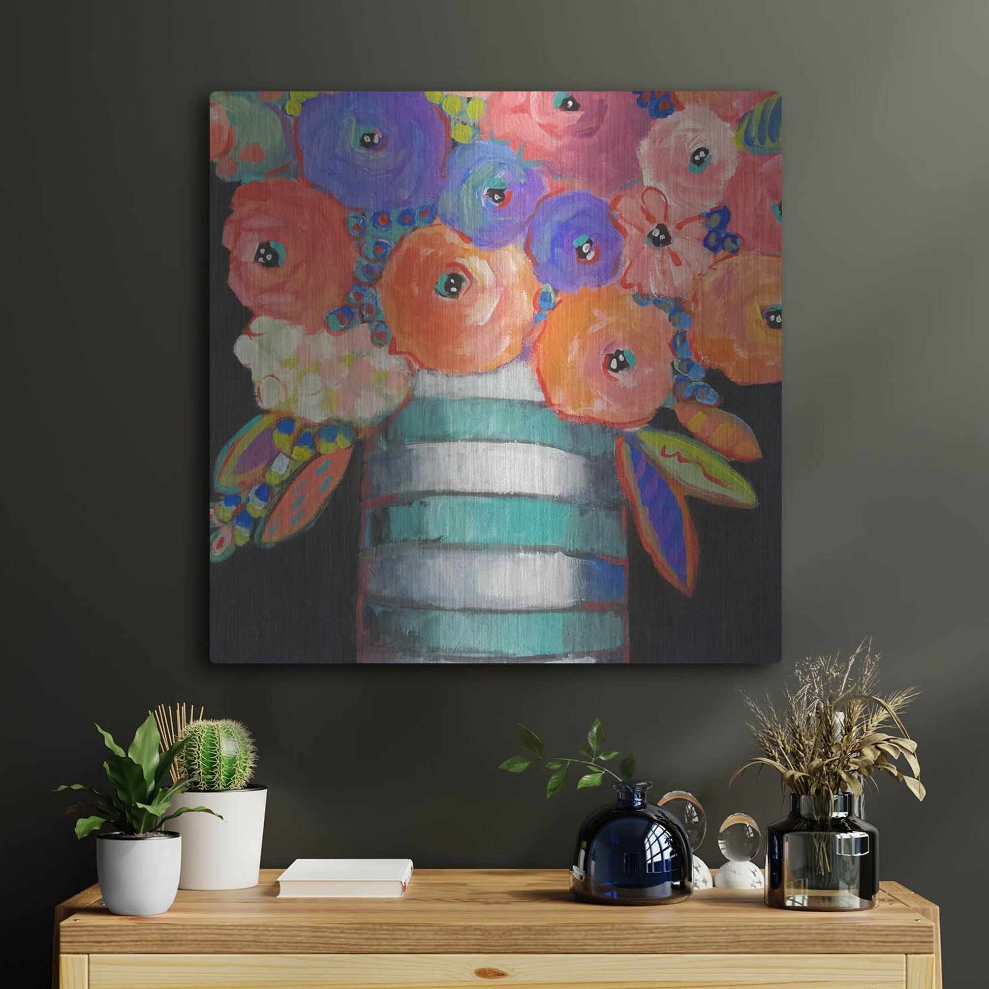 Luxe Metal Art 'Orange, Purple, and Stripes' by Holly Wojhan, Metal Wall Art,24x24