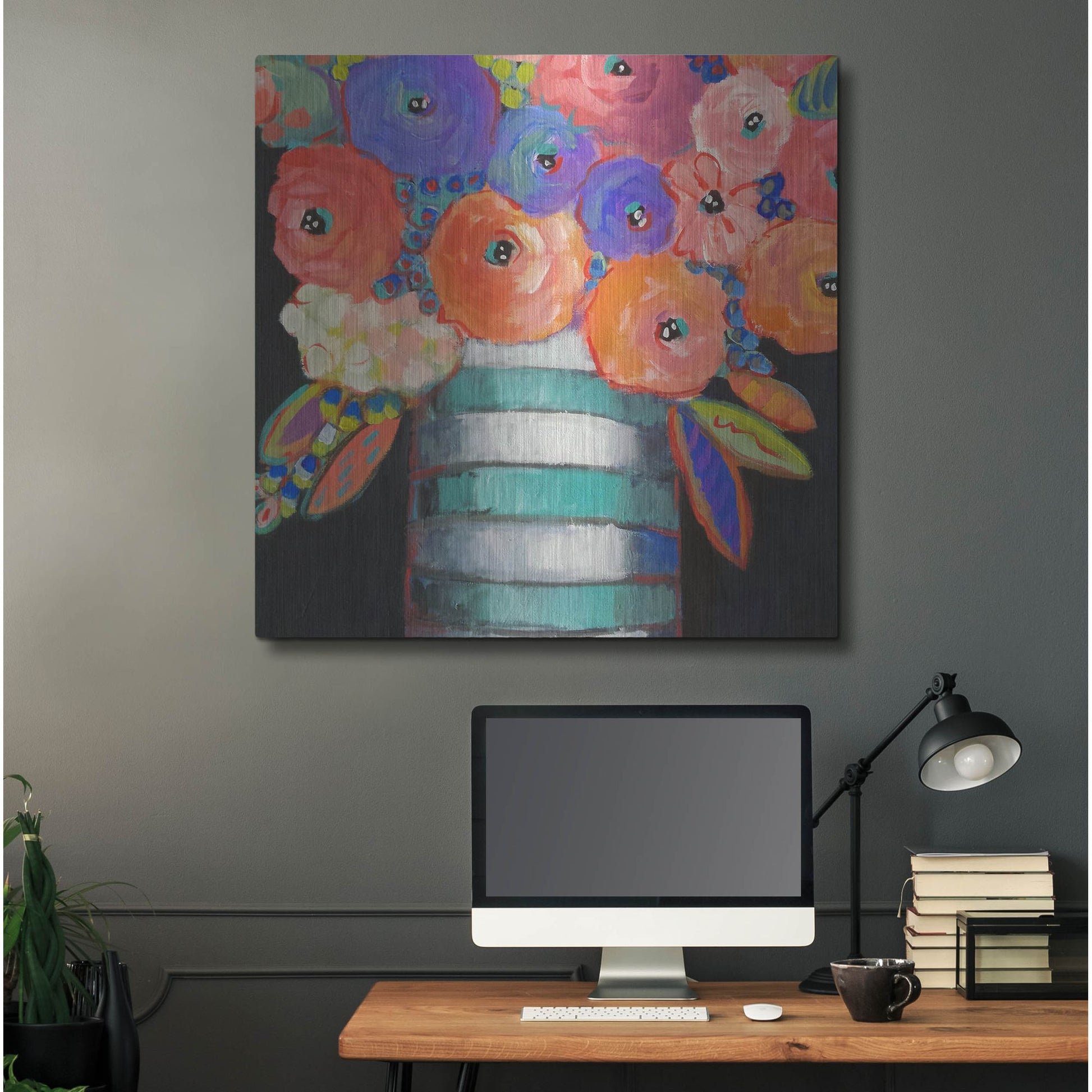 Luxe Metal Art 'Orange, Purple, and Stripes' by Holly Wojhan, Metal Wall Art,36x36