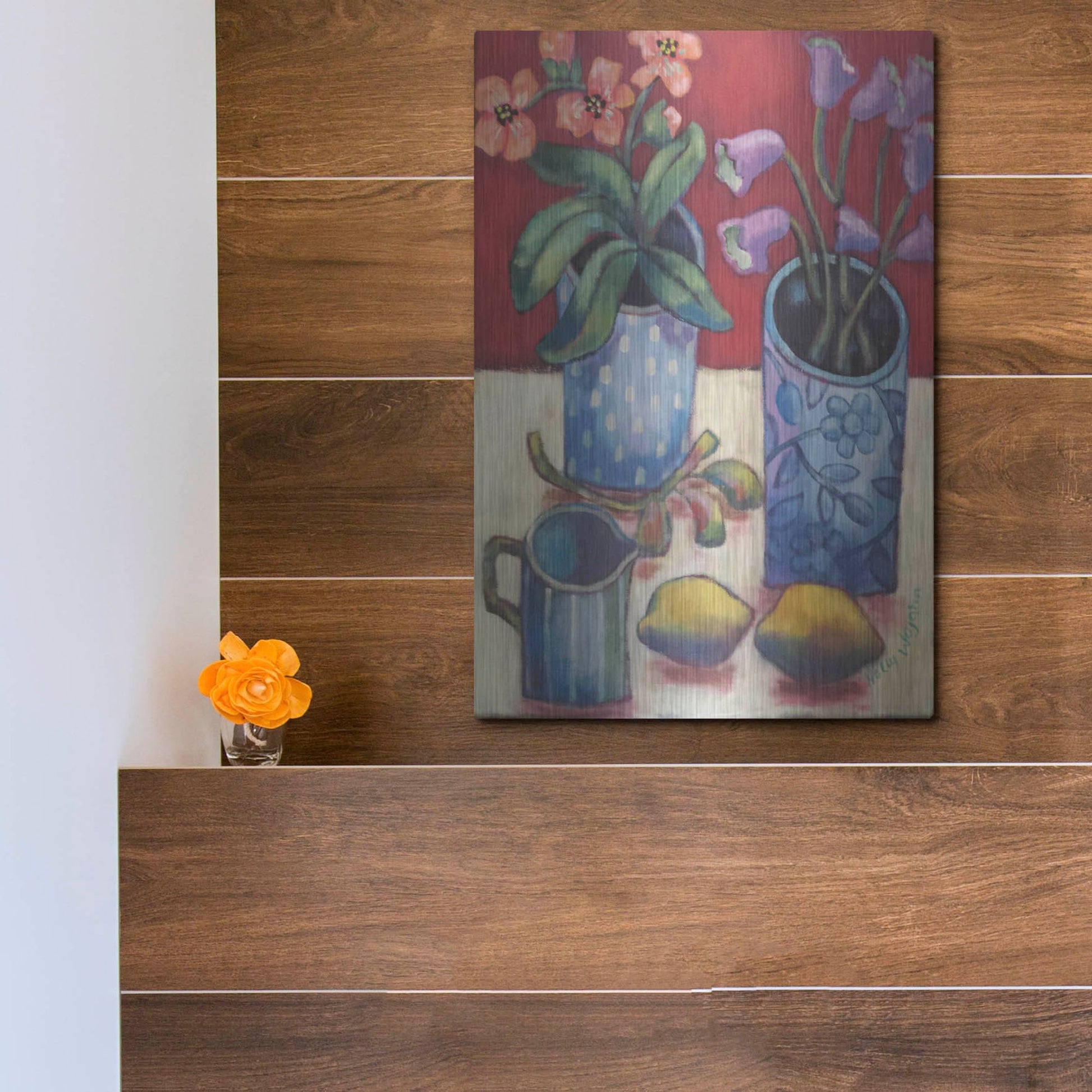 Luxe Metal Art 'Des fleurs et citrons' by Holly Wojhan, Metal Wall Art,12x16