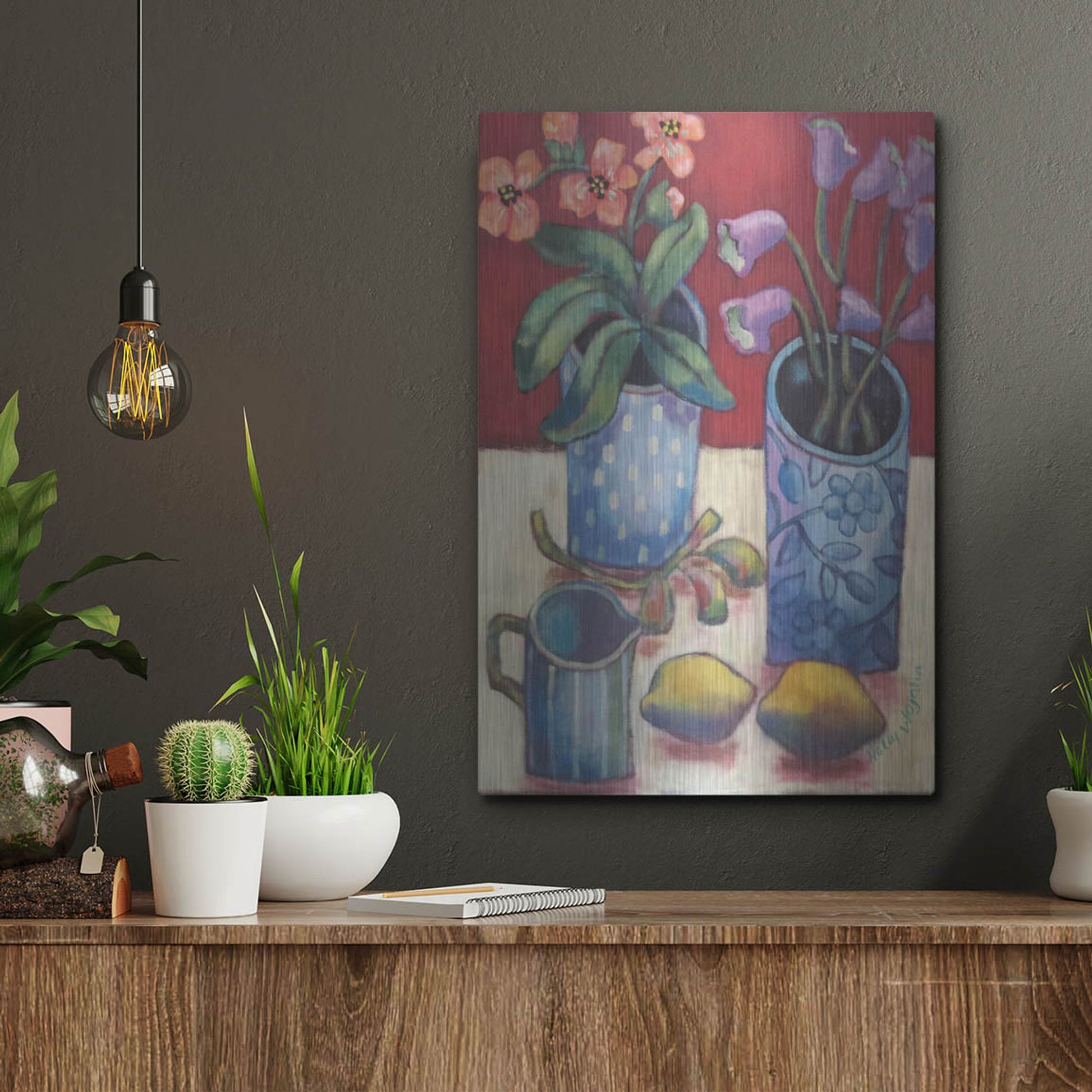 Luxe Metal Art 'Des fleurs et citrons' by Holly Wojhan, Metal Wall Art,12x16