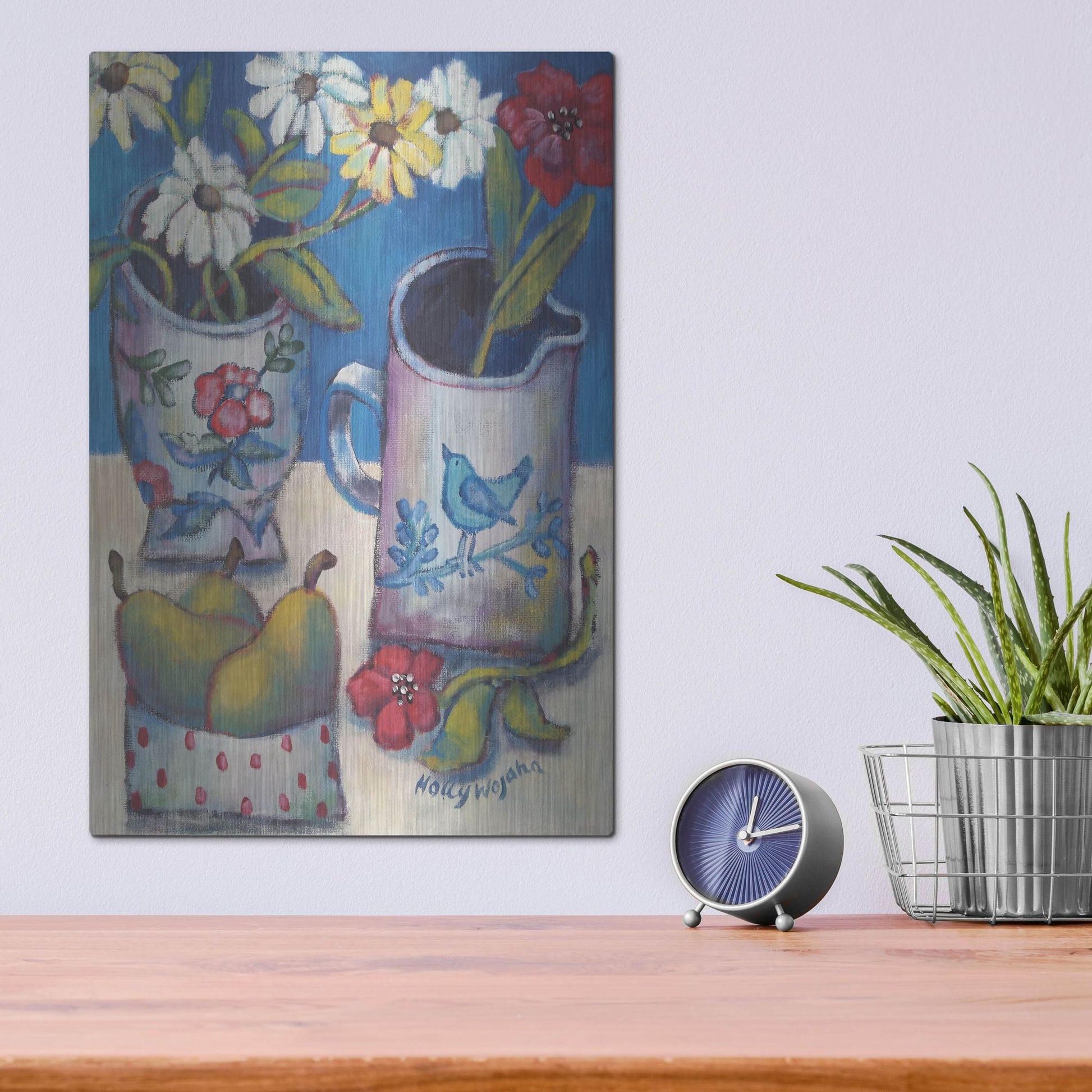 Luxe Metal Art 'Des fleurs et poires' by Holly Wojhan, Metal Wall Art,12x16