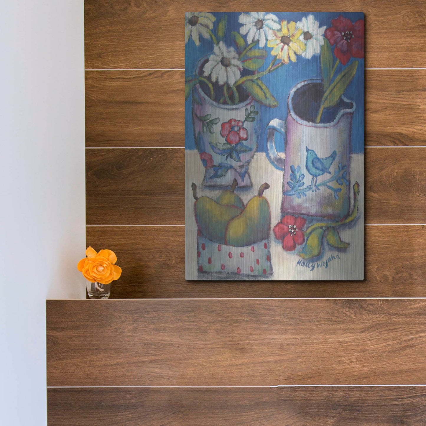 Luxe Metal Art 'Des fleurs et poires' by Holly Wojhan, Metal Wall Art,12x16