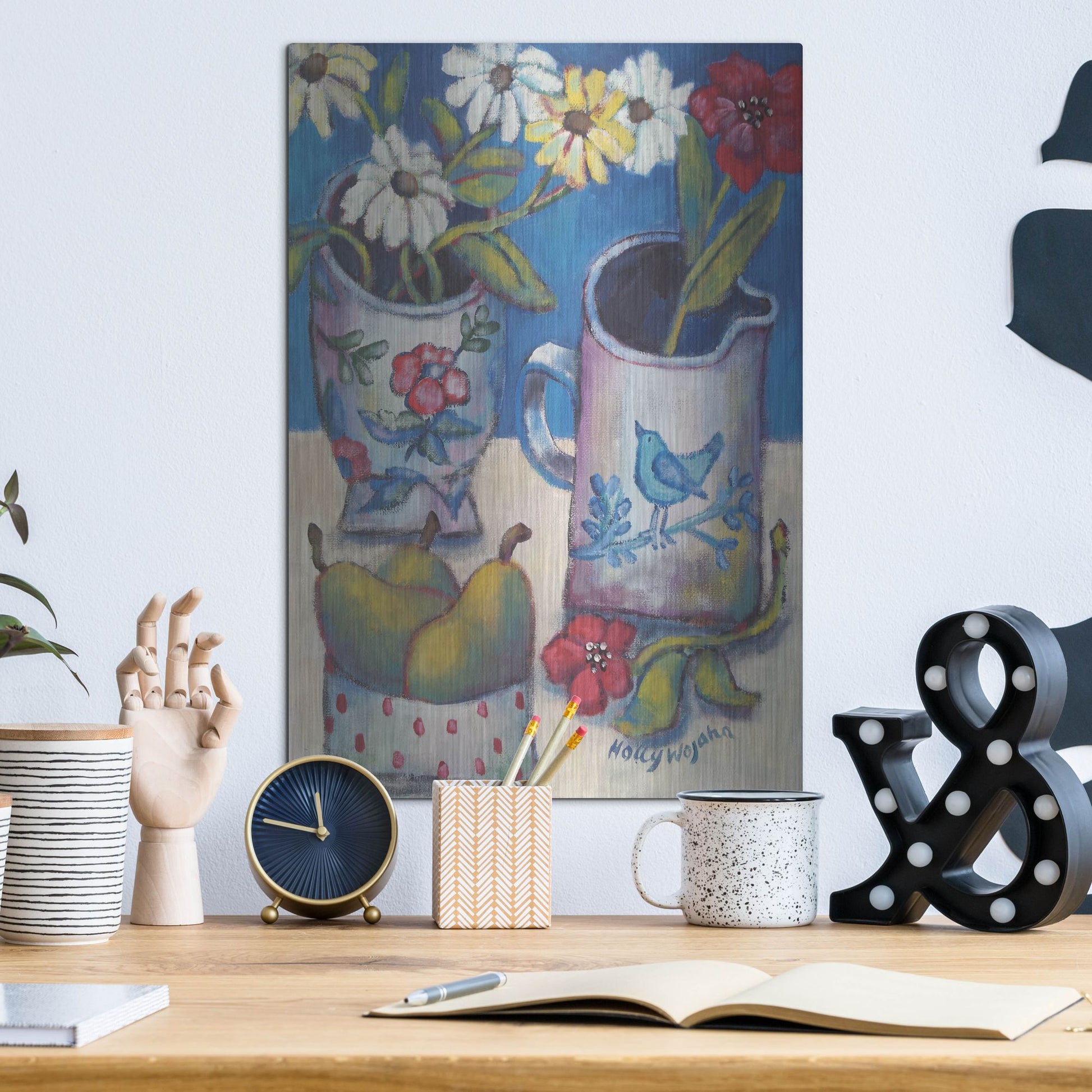 Luxe Metal Art 'Des fleurs et poires' by Holly Wojhan, Metal Wall Art,12x16