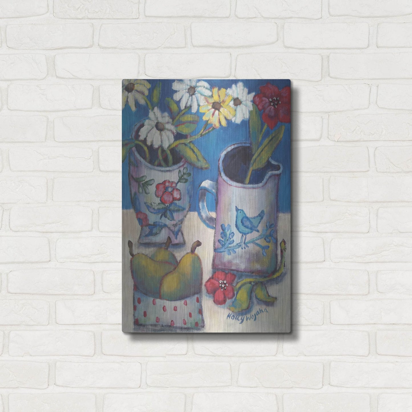 Luxe Metal Art 'Des fleurs et poires' by Holly Wojhan, Metal Wall Art,16x24