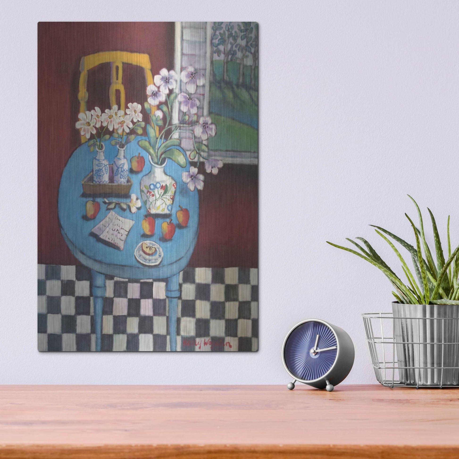 Luxe Metal Art 'La table en bleu' by Holly Wojhan, Metal Wall Art,12x16