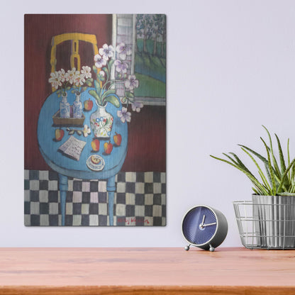 Luxe Metal Art 'La table en bleu' by Holly Wojhan, Metal Wall Art,12x16