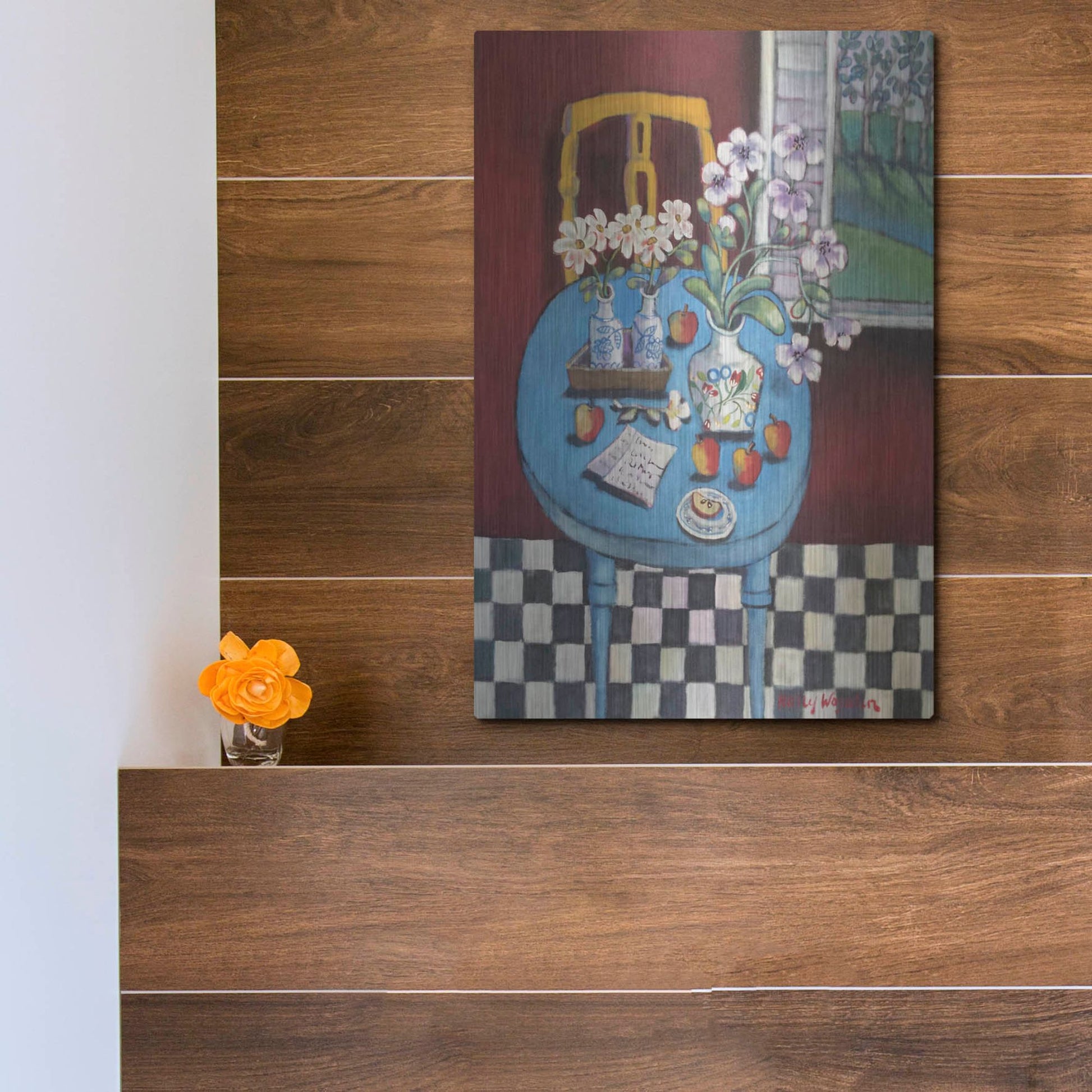 Luxe Metal Art 'La table en bleu' by Holly Wojhan, Metal Wall Art,12x16