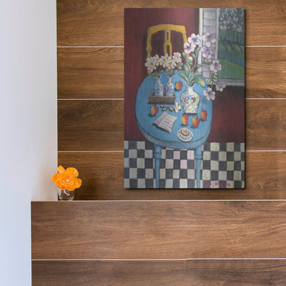 Luxe Metal Art 'La table en bleu' by Holly Wojhan, Metal Wall Art,12x16