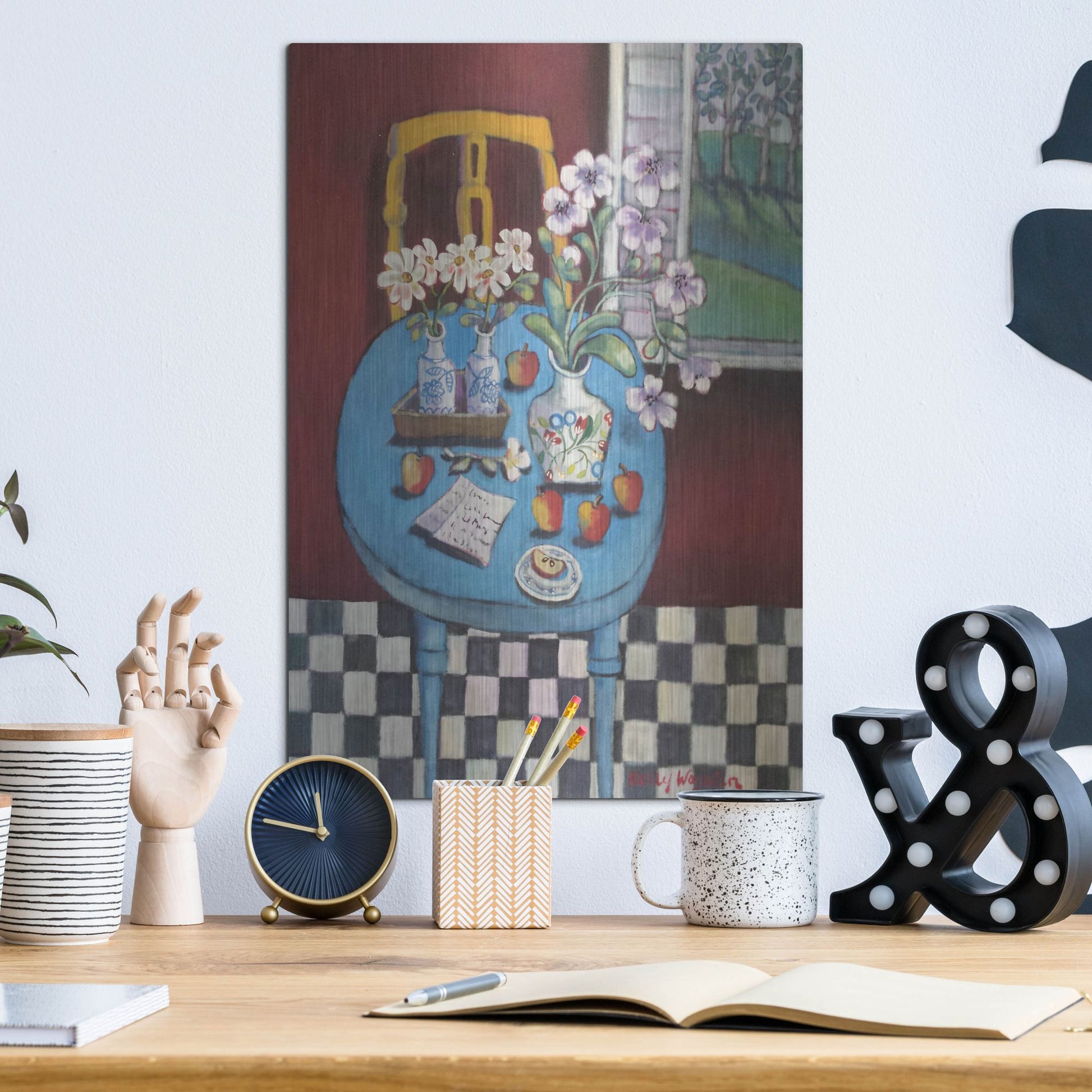 Luxe Metal Art 'La table en bleu' by Holly Wojhan, Metal Wall Art,12x16