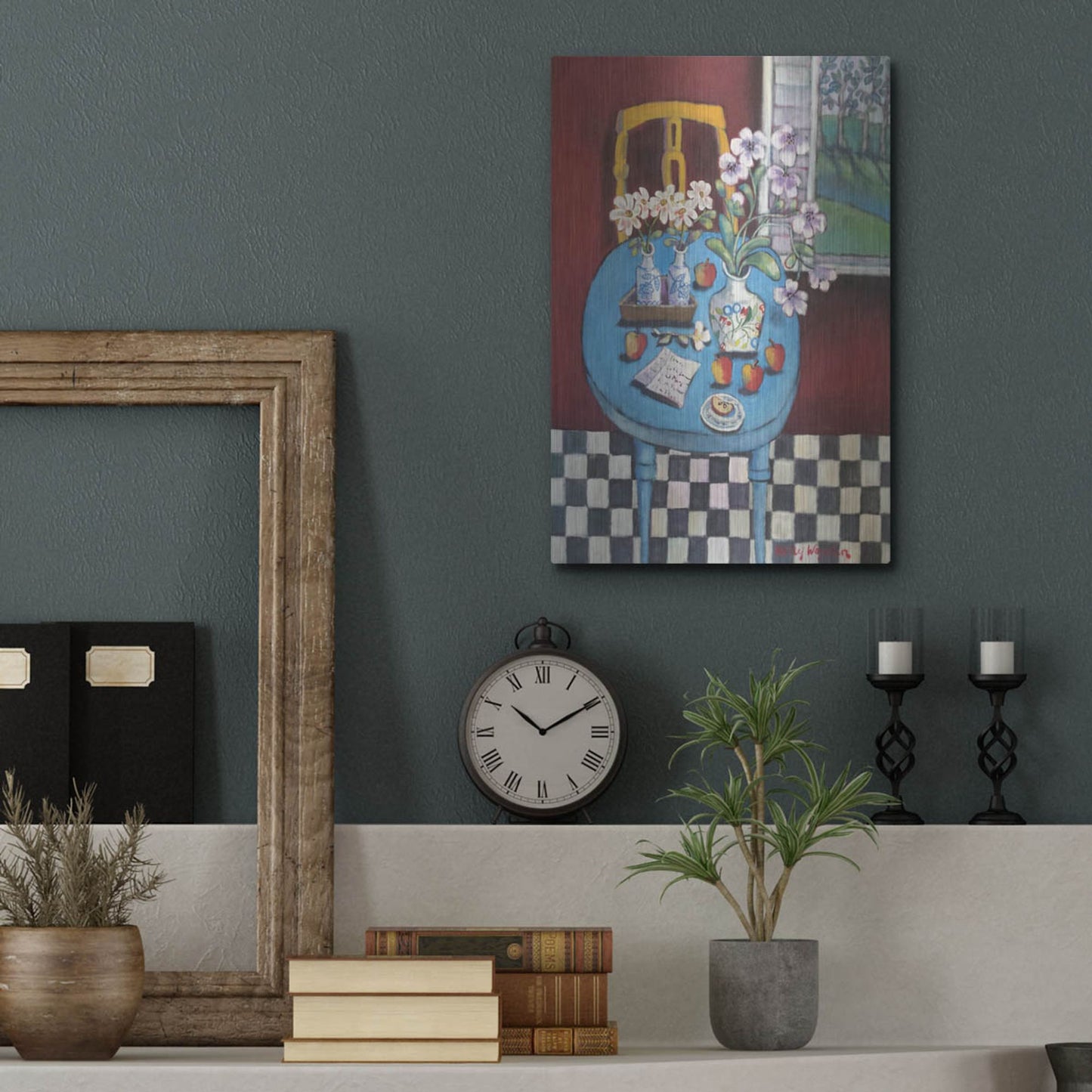 Luxe Metal Art 'La table en bleu' by Holly Wojhan, Metal Wall Art,12x16