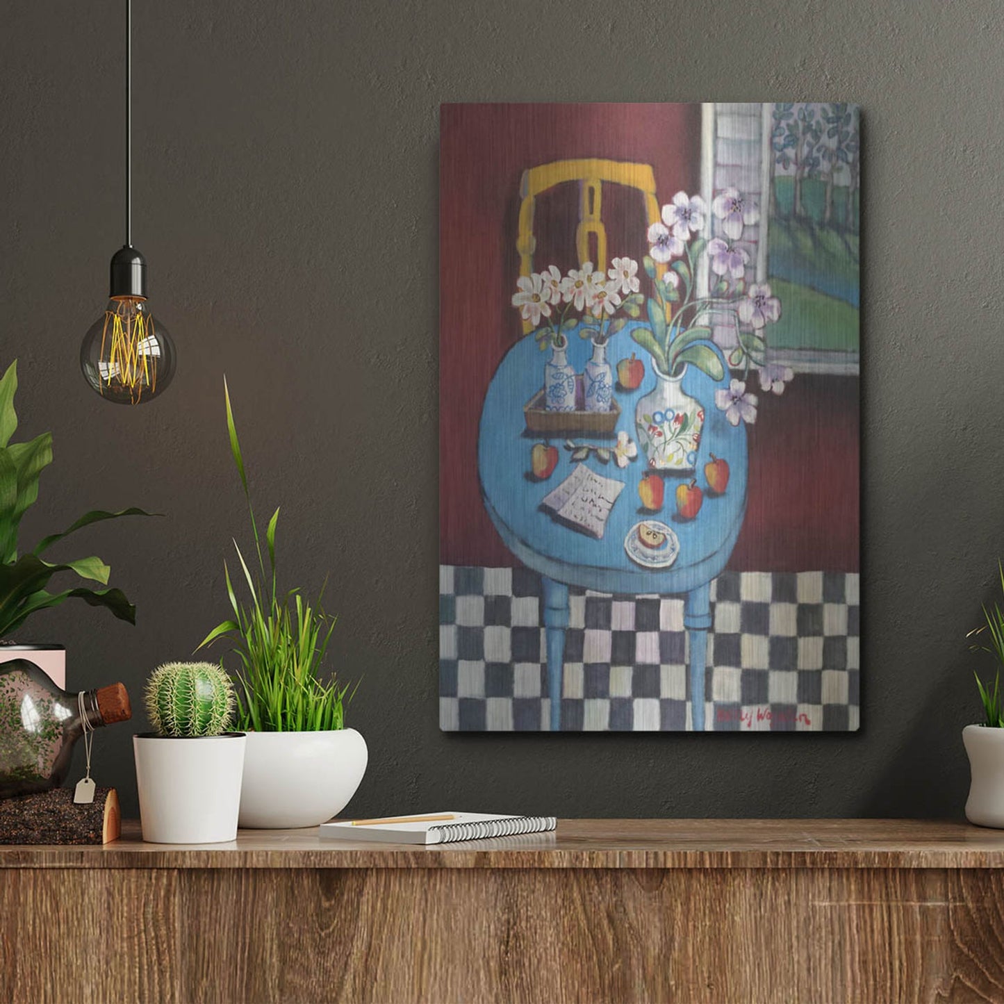 Luxe Metal Art 'La table en bleu' by Holly Wojhan, Metal Wall Art,12x16